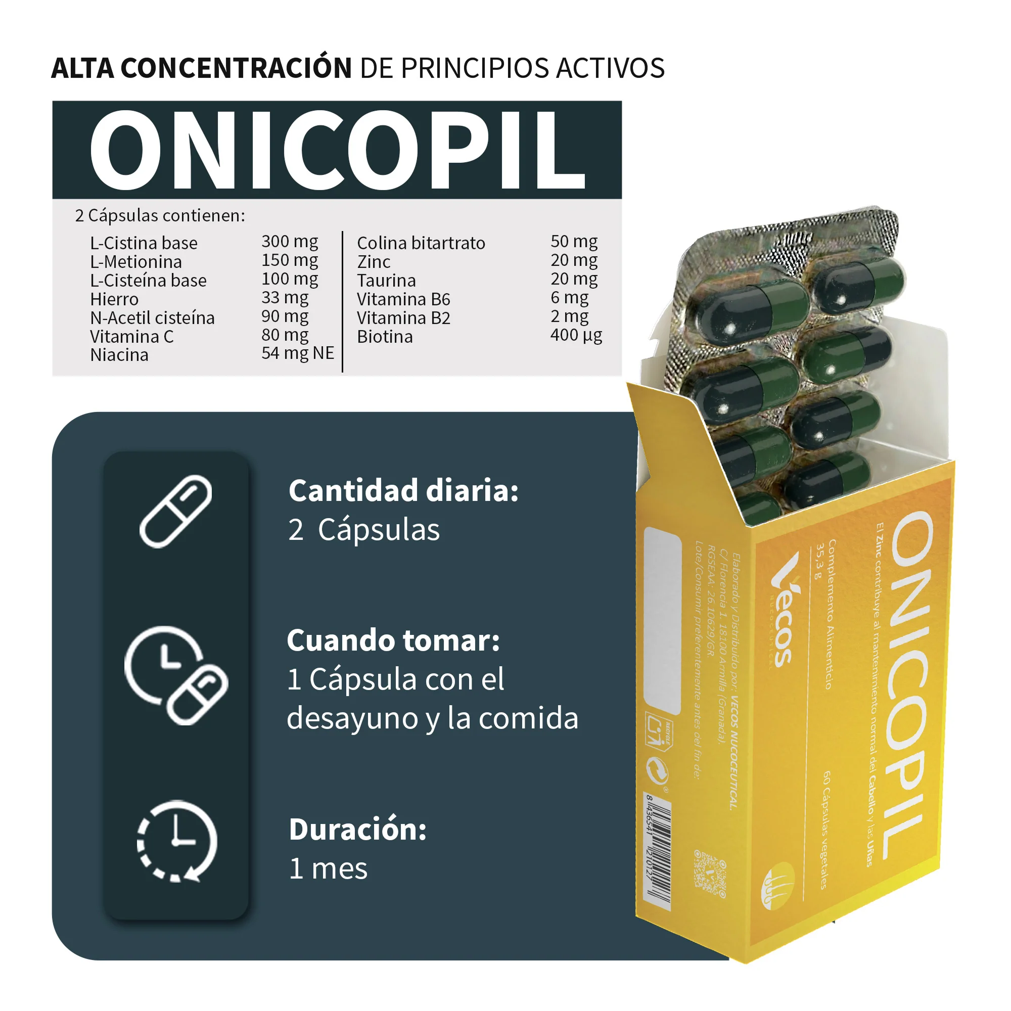 Onicopil Vecos 60 Cápsulas | Cabello, Piel Y Uñas | Biotina, Zinc Y Aminoácidos - Image 3
