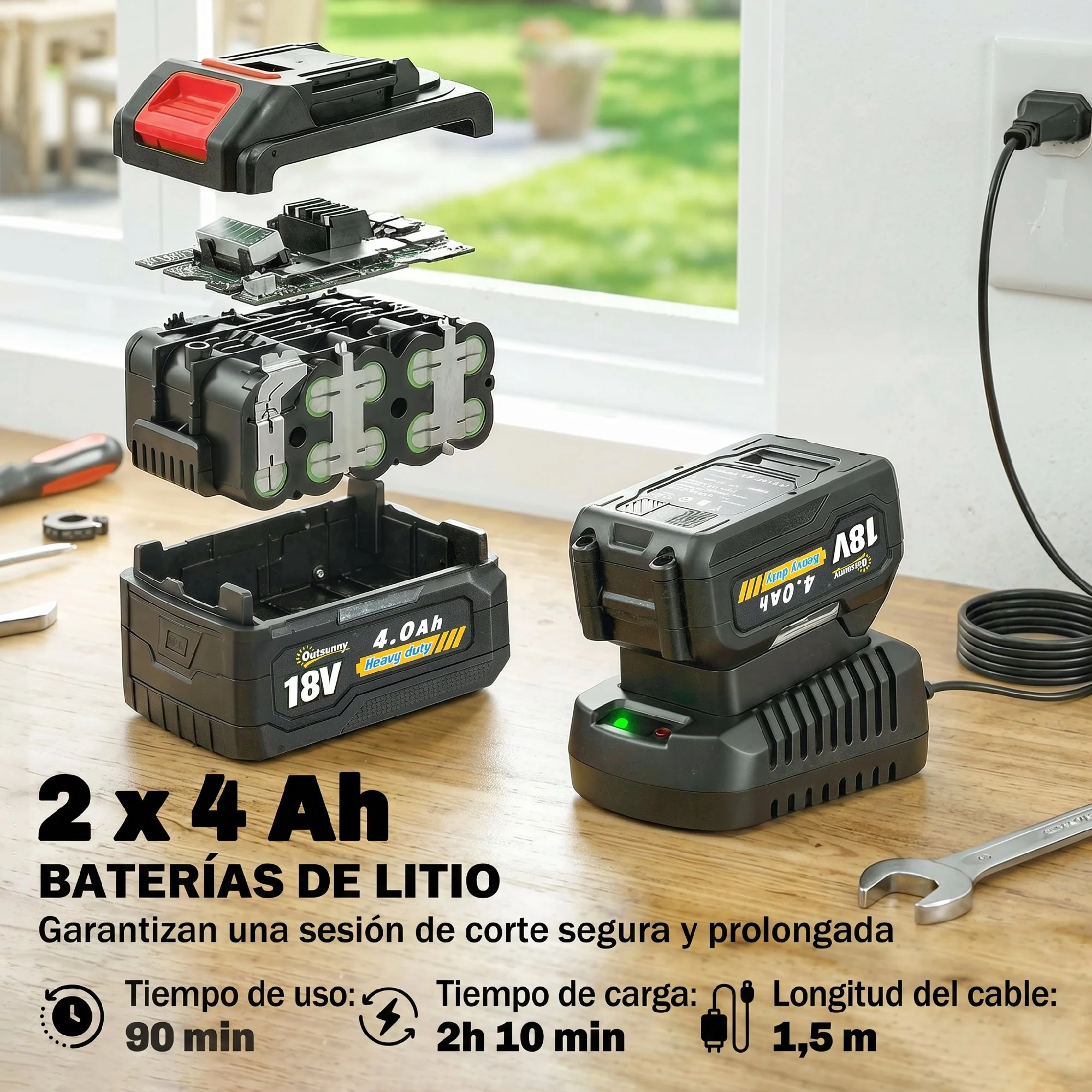 Outsunny Desbrozadora Batería 18v Con 2 Baterías De 4.0ah Y Cargador Plateado - Image 6