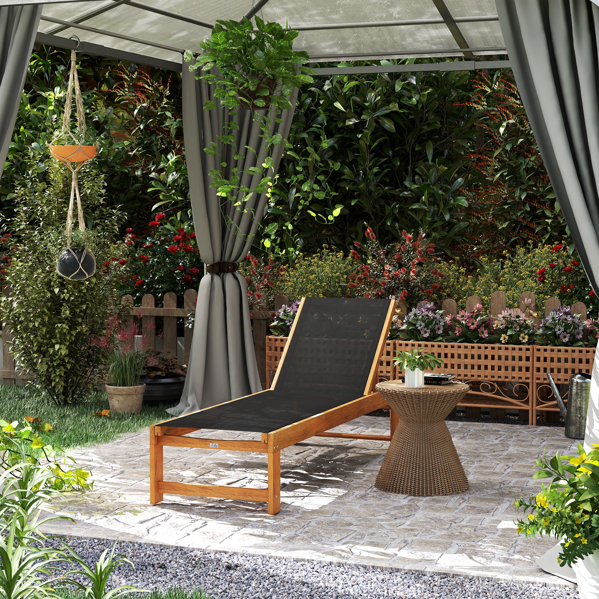 Outsunny Tumbona De Madera De Acacia Con Ruedas Respaldo Ajustable Negro - Image 2