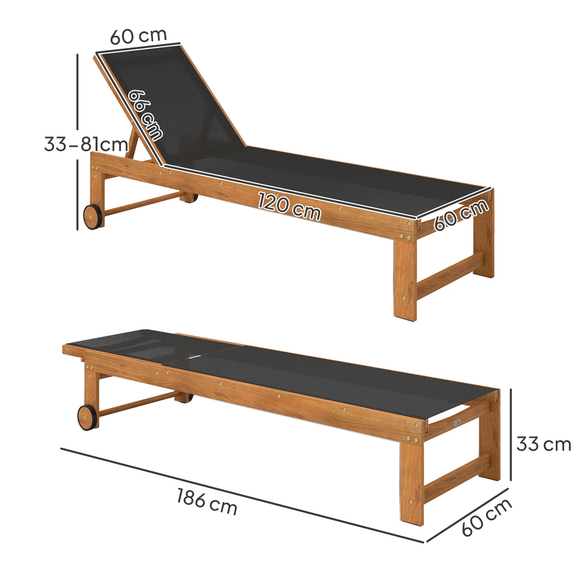 Outsunny Tumbona De Madera De Acacia Con Ruedas Respaldo Ajustable Negro - Image 3