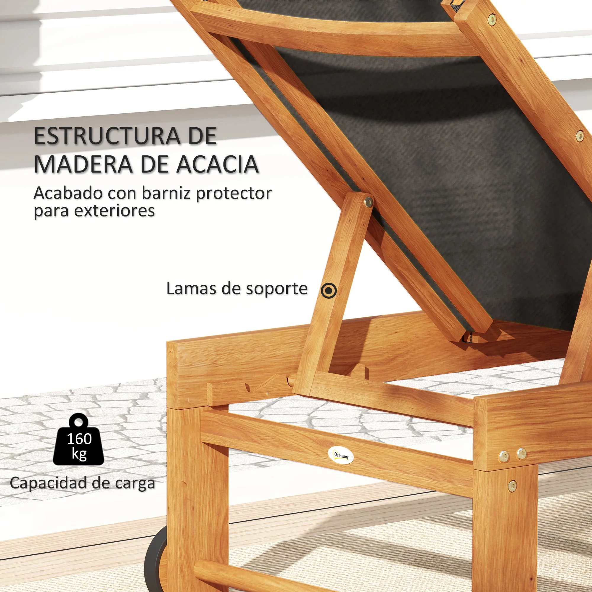 Outsunny Tumbona De Madera De Acacia Con Ruedas Respaldo Ajustable Negro - Image 6