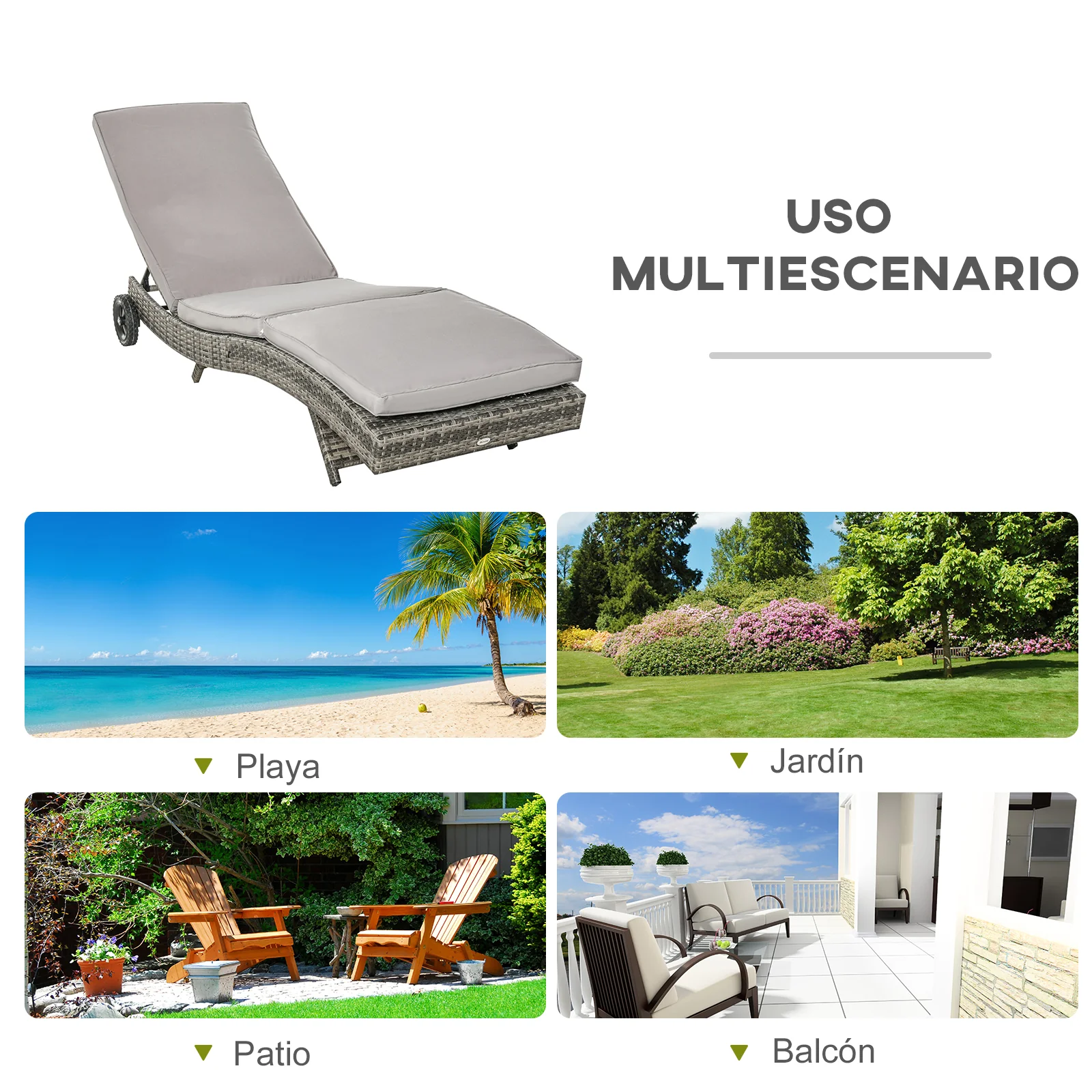 Outsunny Tumbona De Ratán Reclinable En Forma De S Con 2 Ruedas 207x70x70cm Gris - Image 5