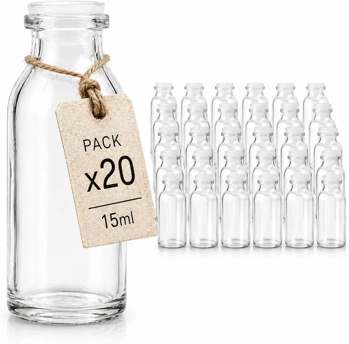 Pack 20 Botellas Cristal 15 ml | Tapón Obturador | Viales Rellenables | Aceites y Cosmética
