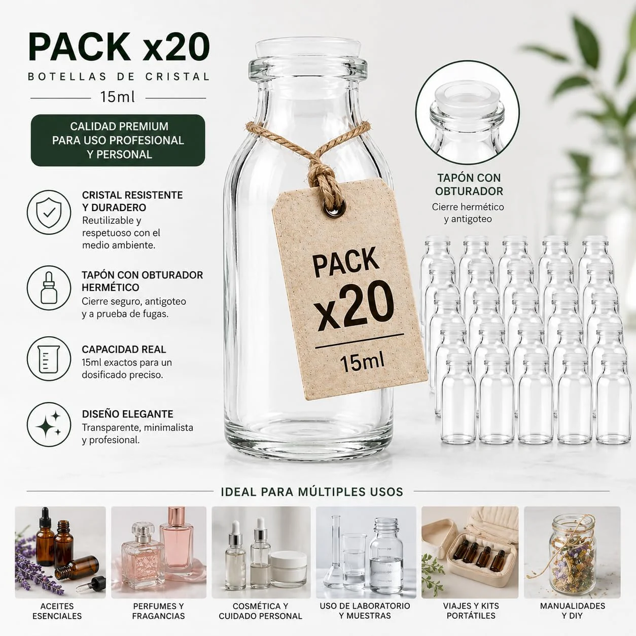 Pack 20 Botellas Cristal 15 ml | Tapón Obturador | Viales Rellenables | Aceites y Cosmética - Image 3