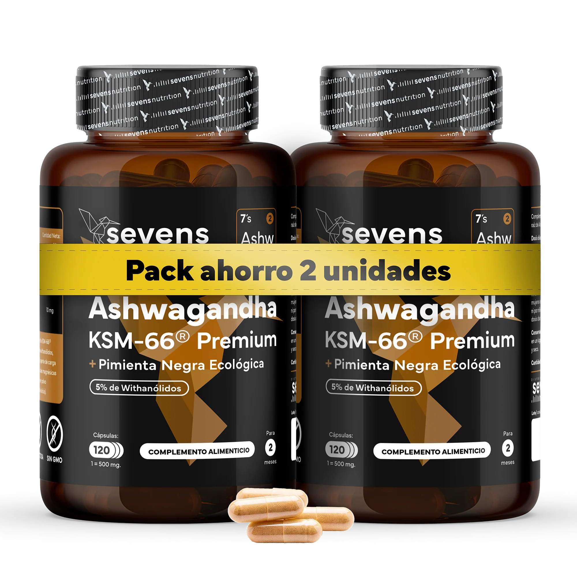 Pack 2x Ashwagandha Ksm-66 Complex Con Pimienta Negra Sevens Nutrition. Bienestar, Energía Y Concentración