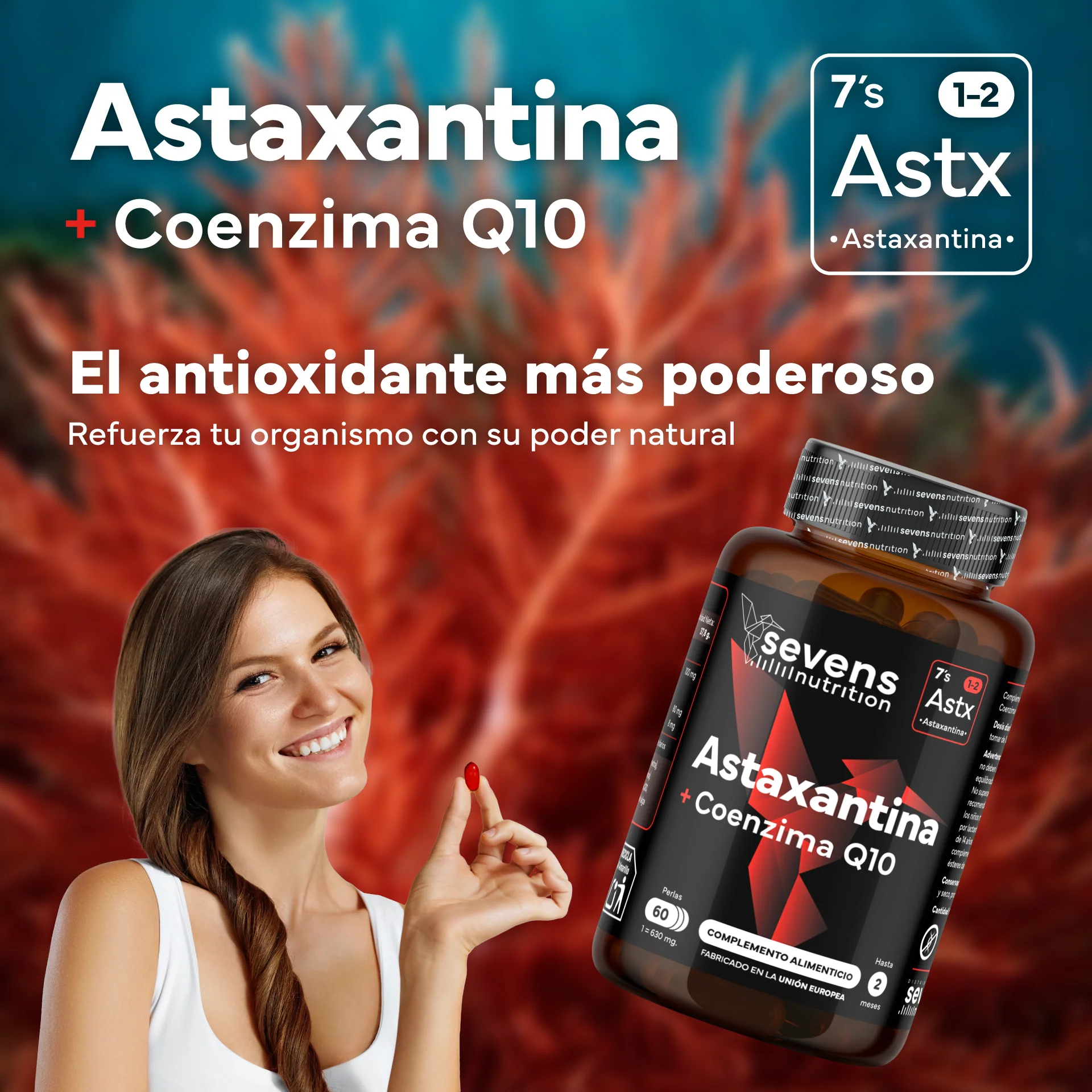 Pack 2x Astaxantina Con Coq10 Sevens Nutrition. Antioxidante Para Energía Y Piel Sana. - Image 2
