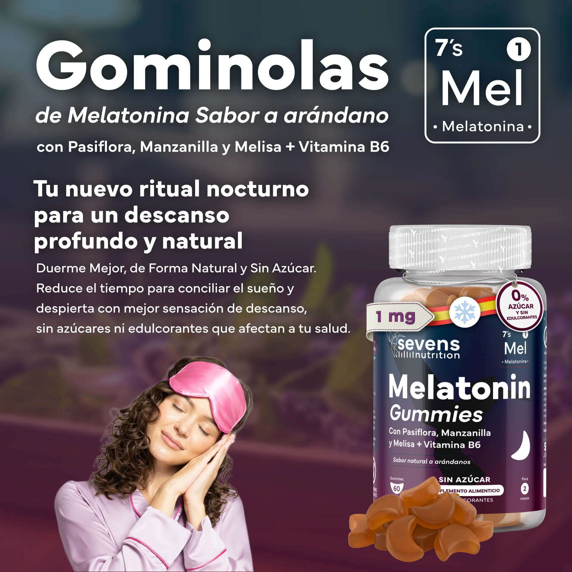 Pack 2x Melatonina En Gominolas Sin Azúcar De Con Extractos De Plantas De Sevens Nutrition. Descanso Y Sueño Reparador - Image 2