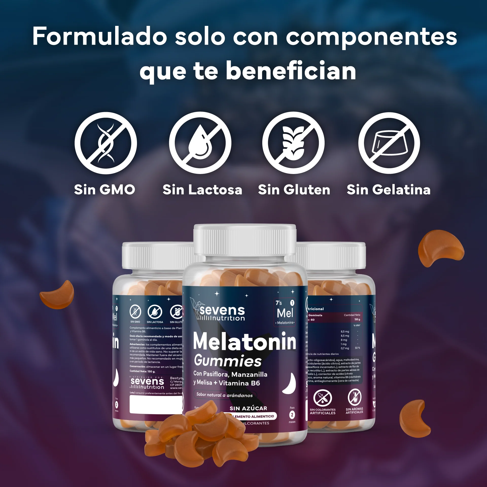 Pack 2x Melatonina En Gominolas Sin Azúcar De Con Extractos De Plantas De Sevens Nutrition. Descanso Y Sueño Reparador - Image 4