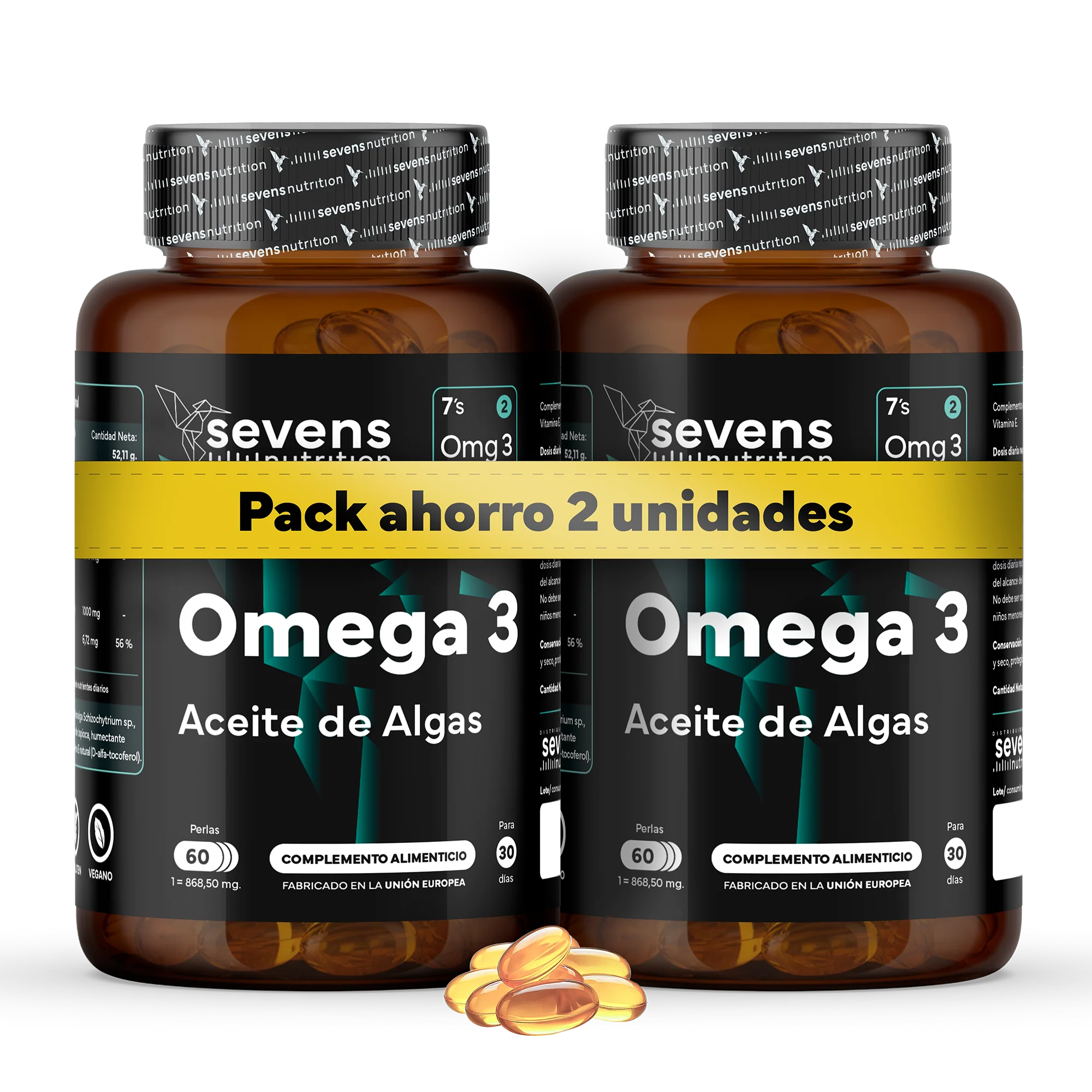 Pack 2x Omega 3 Vegano Sevens Nutrition. Dha Puro Para Cerebro, Visión Y Salud.