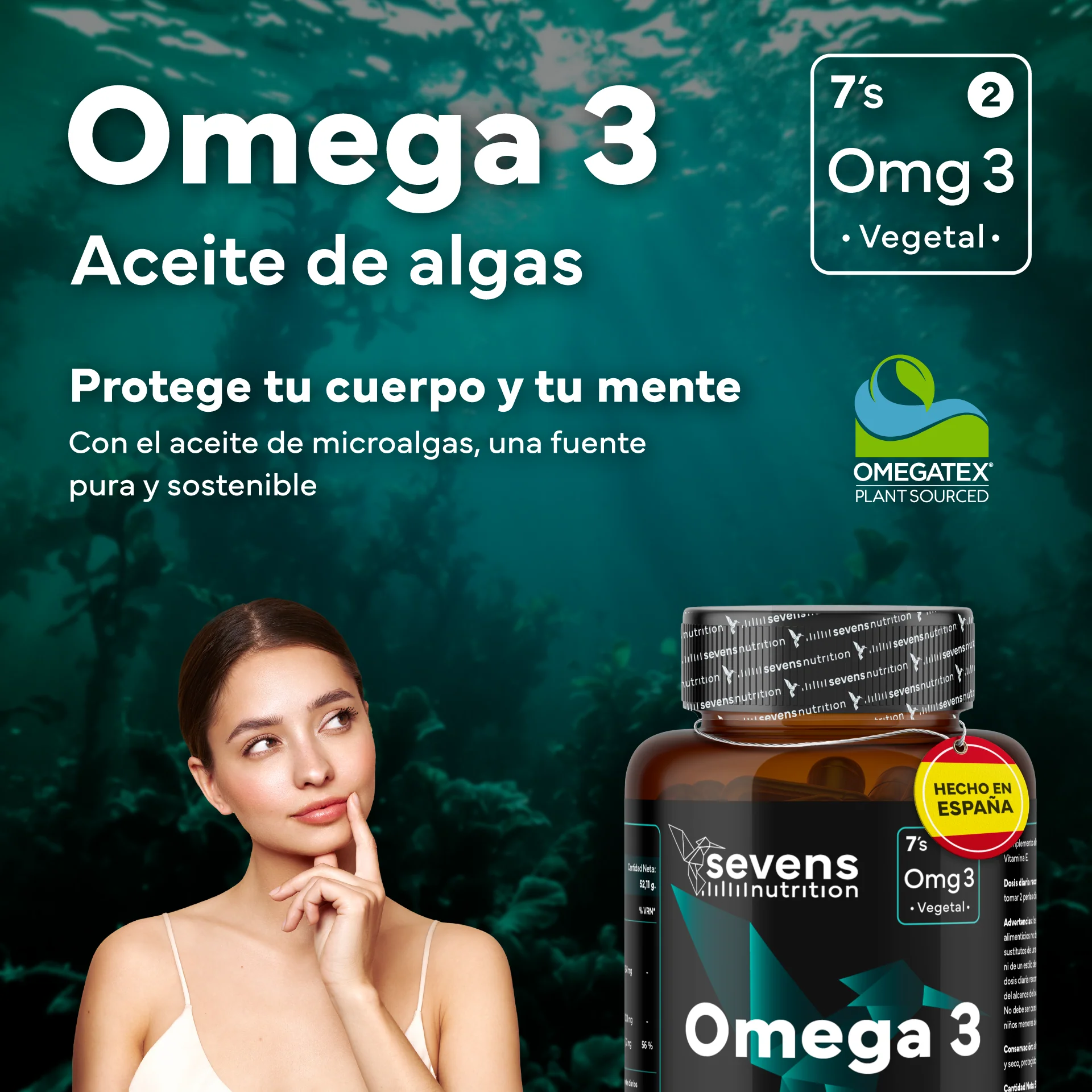 Pack 2x Omega 3 Vegano Sevens Nutrition. Dha Puro Para Cerebro, Visión Y Salud. - Image 2