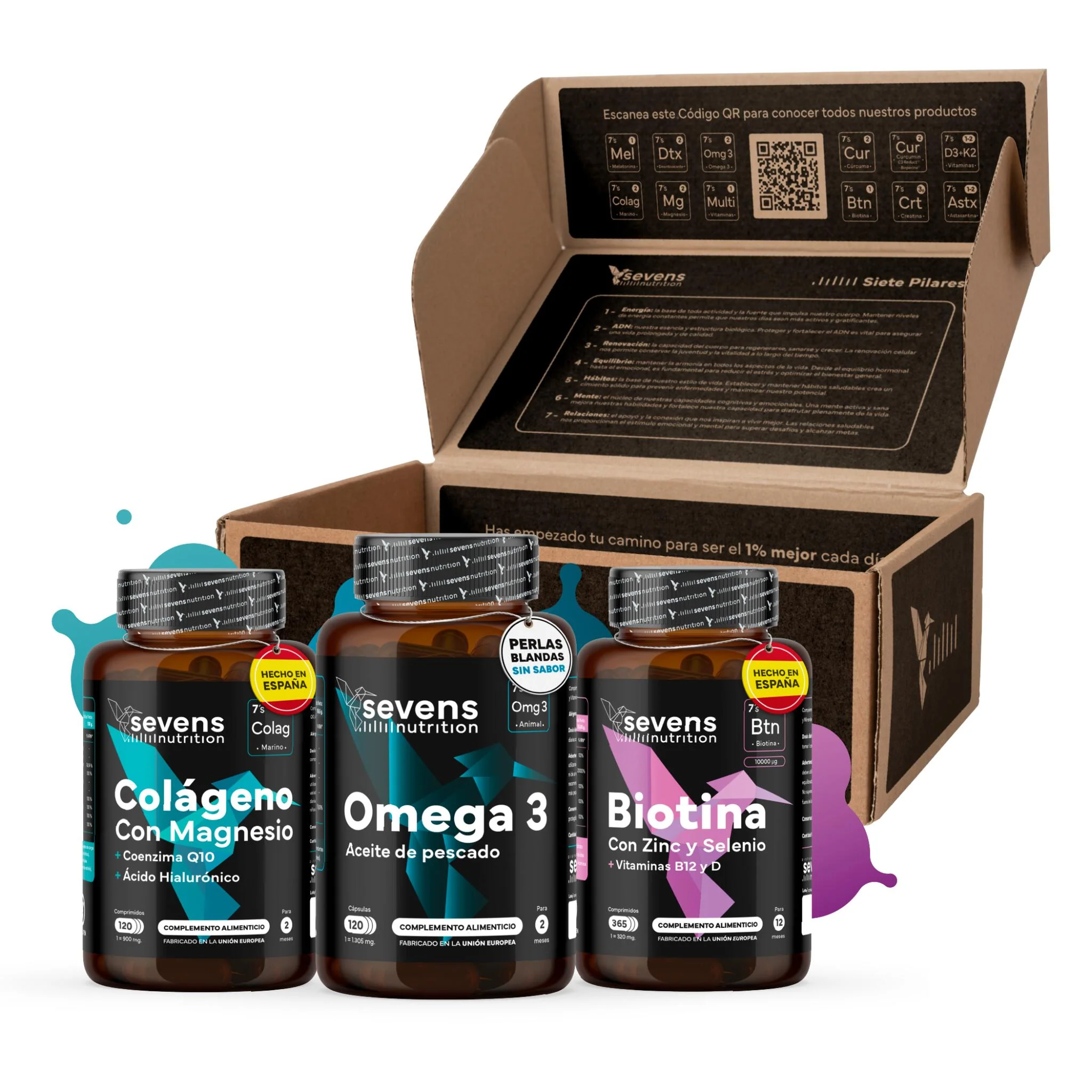 Pack Belleza: Incluye Biotina, Colágeno y Omega 3. Sevens Nutrition. Cabello, Piel Y Uñas