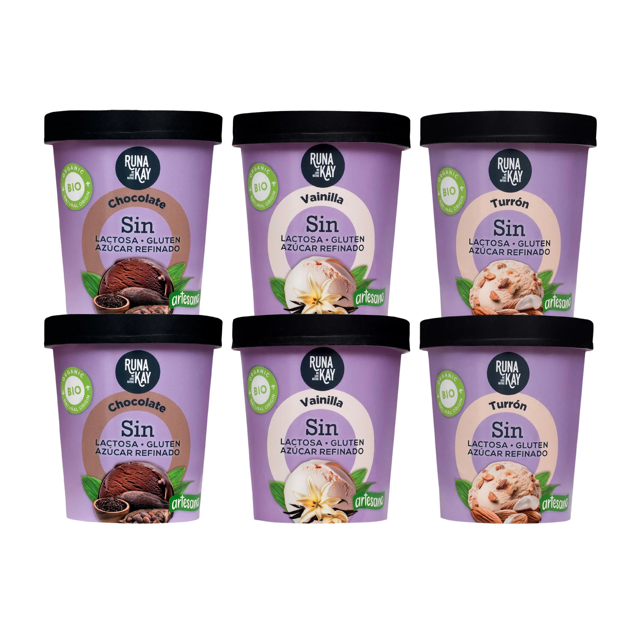 Pack Mix Helado Artesano Eco Sin Gluten Sin Lactosa Ni Azúcar Refinado Chocolate, Vainilla,Turrón Runakay 6x460ml/400g
