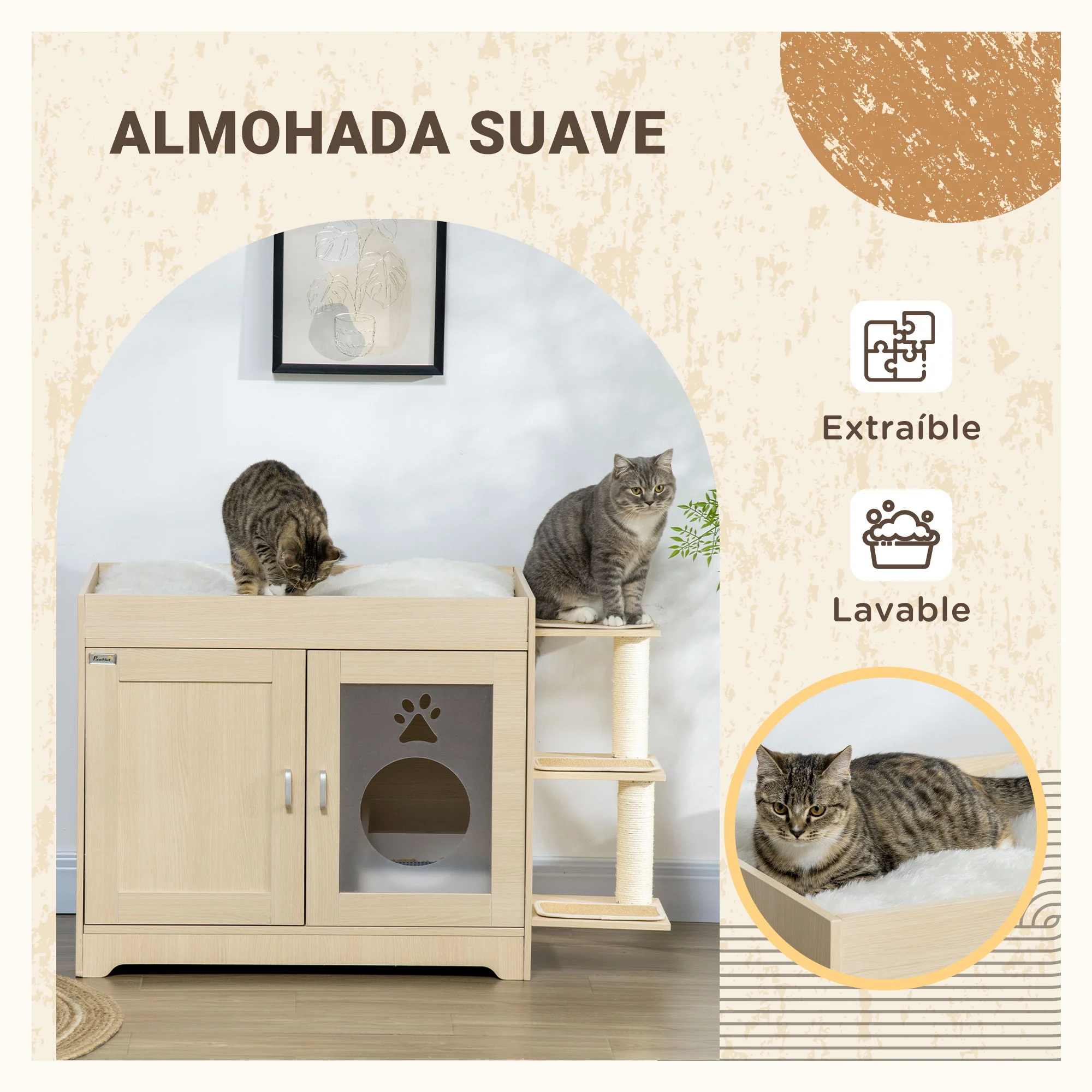 Pawhut Arenero Para Gatos De Madera Con 2 Puertas Cama Cojín Suave 107x54x70 Cm - Image 6