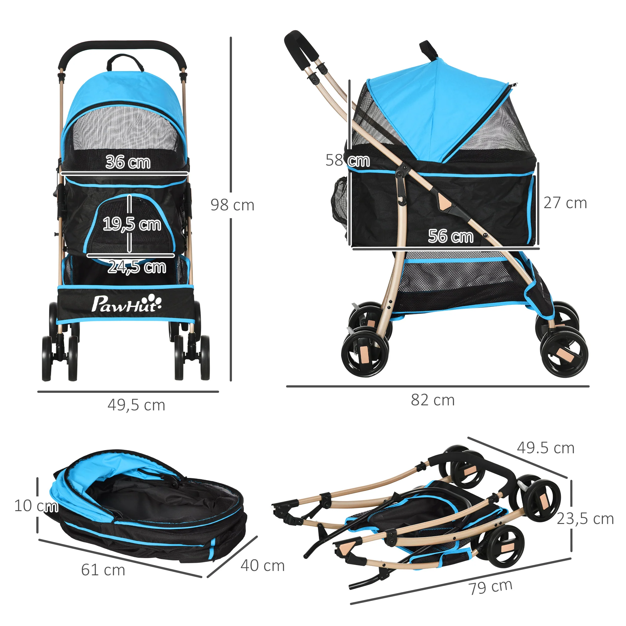 Pawhut Carrito Para Perros Plegable 3 En 1 Con Vagón Desmontable Azul - Image 3