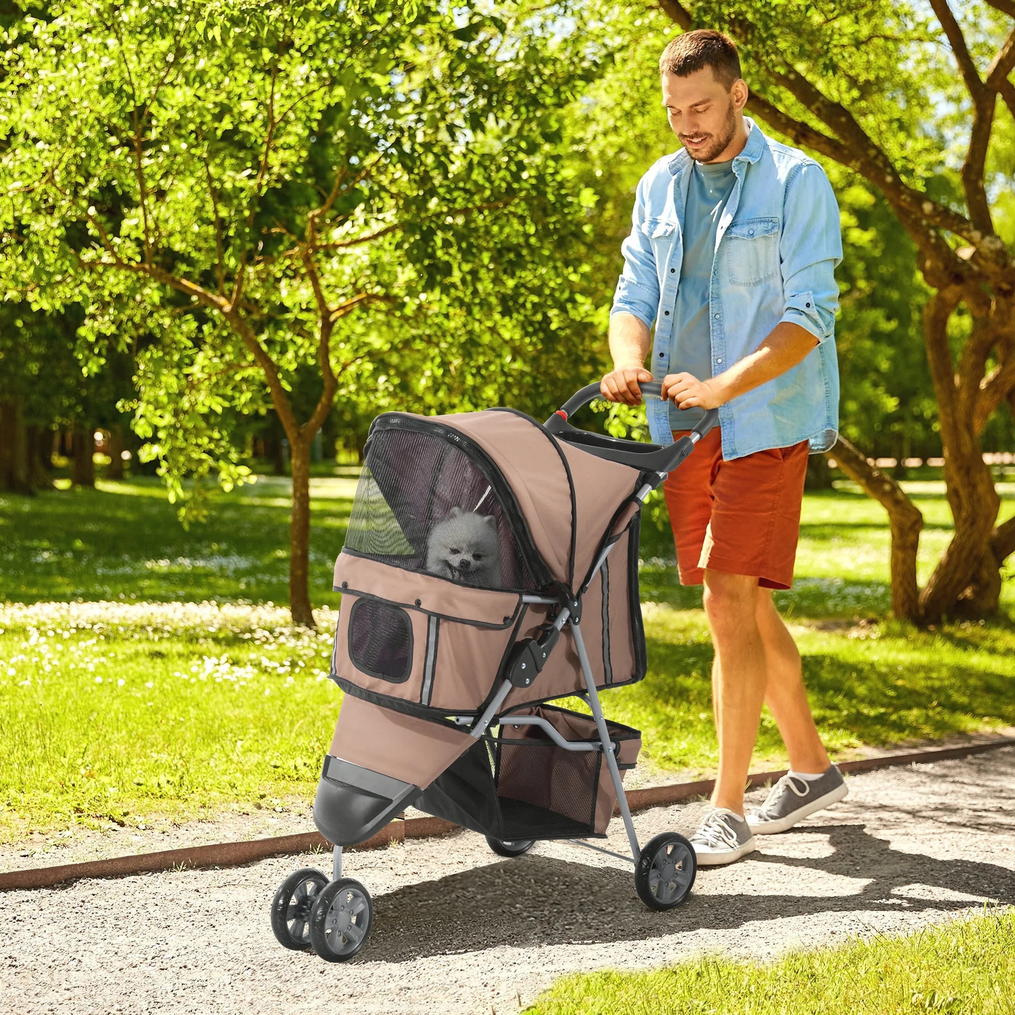 Pawhut Carrito Para Perros Plegable Con Cesta De Almacenaje 75x45x97 Cm Café - Image 2