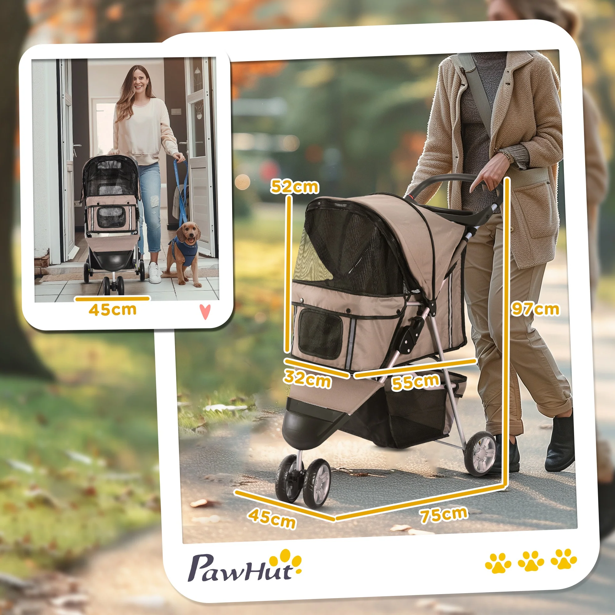 Pawhut Carrito Para Perros Plegable Con Cesta De Almacenaje 75x45x97 Cm Café - Image 3