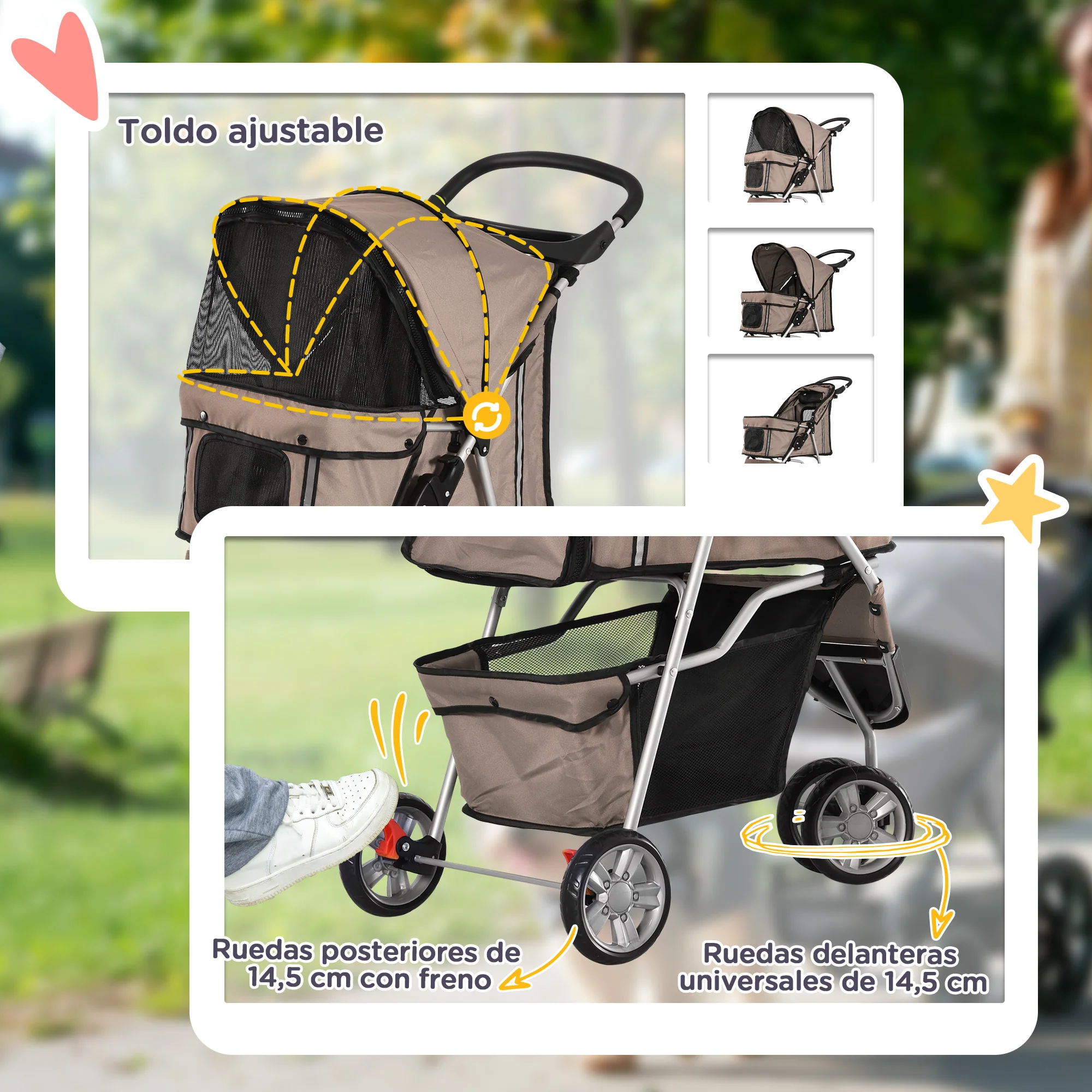 Pawhut Carrito Para Perros Plegable Con Cesta De Almacenaje 75x45x97 Cm Café - Image 6