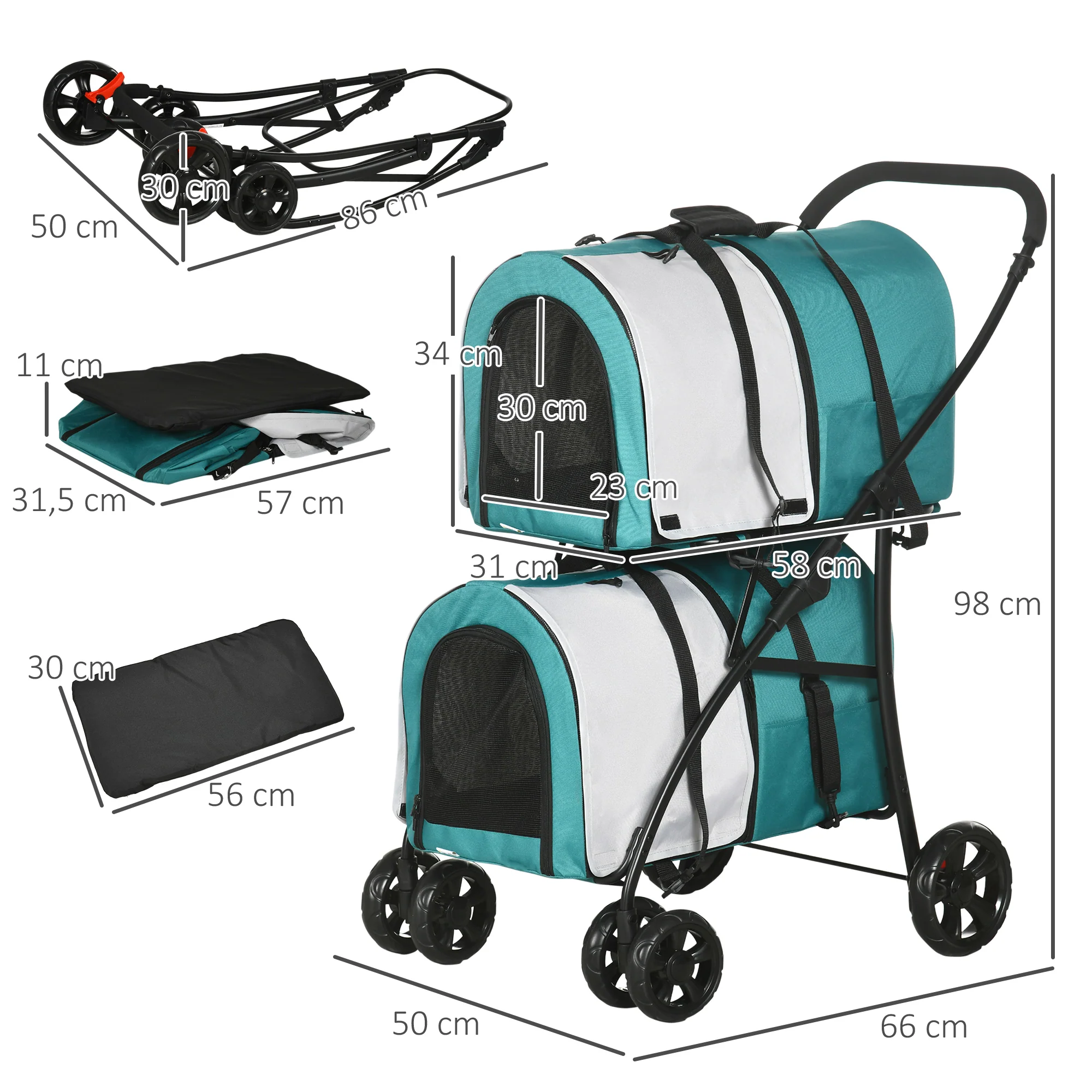 Pawhut Cochecito Doble Para Perros Plegable Con 2 Transportines 66x50x98 Cm - Image 3