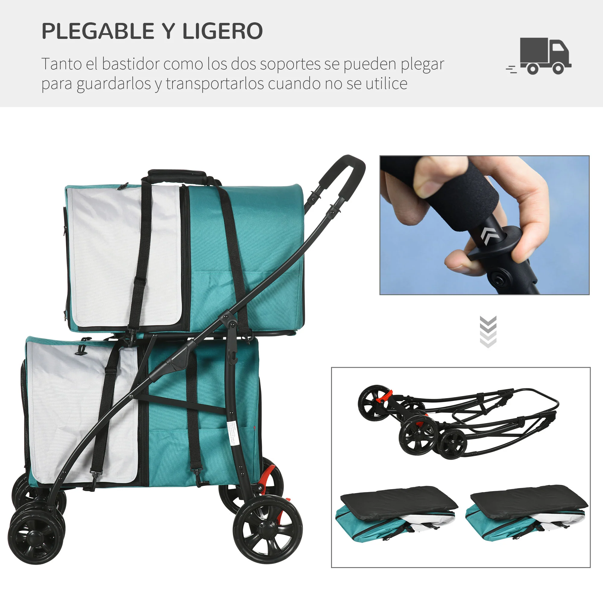 Pawhut Cochecito Doble Para Perros Plegable Con 2 Transportines 66x50x98 Cm - Image 6