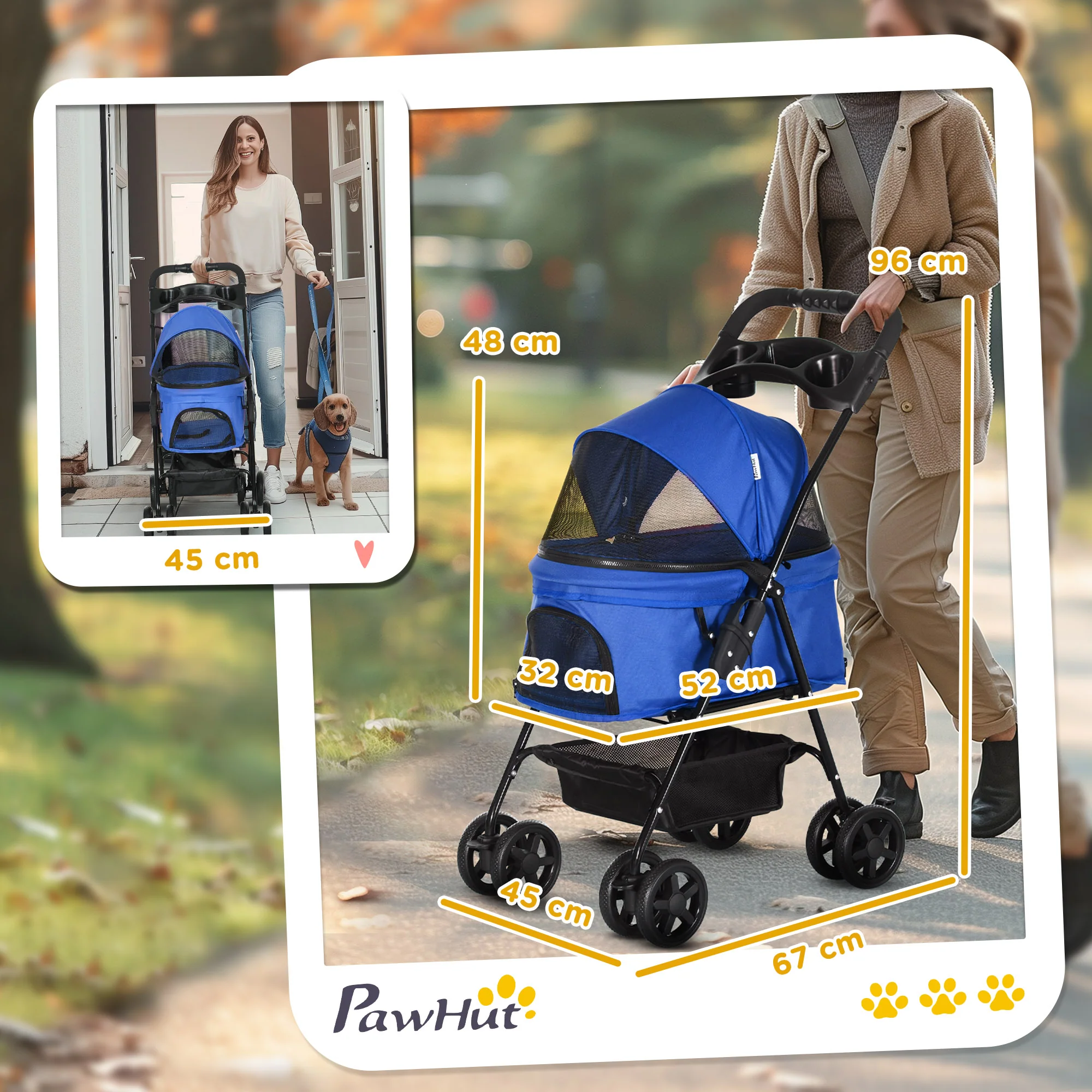 Pawhut Cochecito Para Perros Plegable Con Ruedas Universales 67x45x96 Cm Azul - Image 3