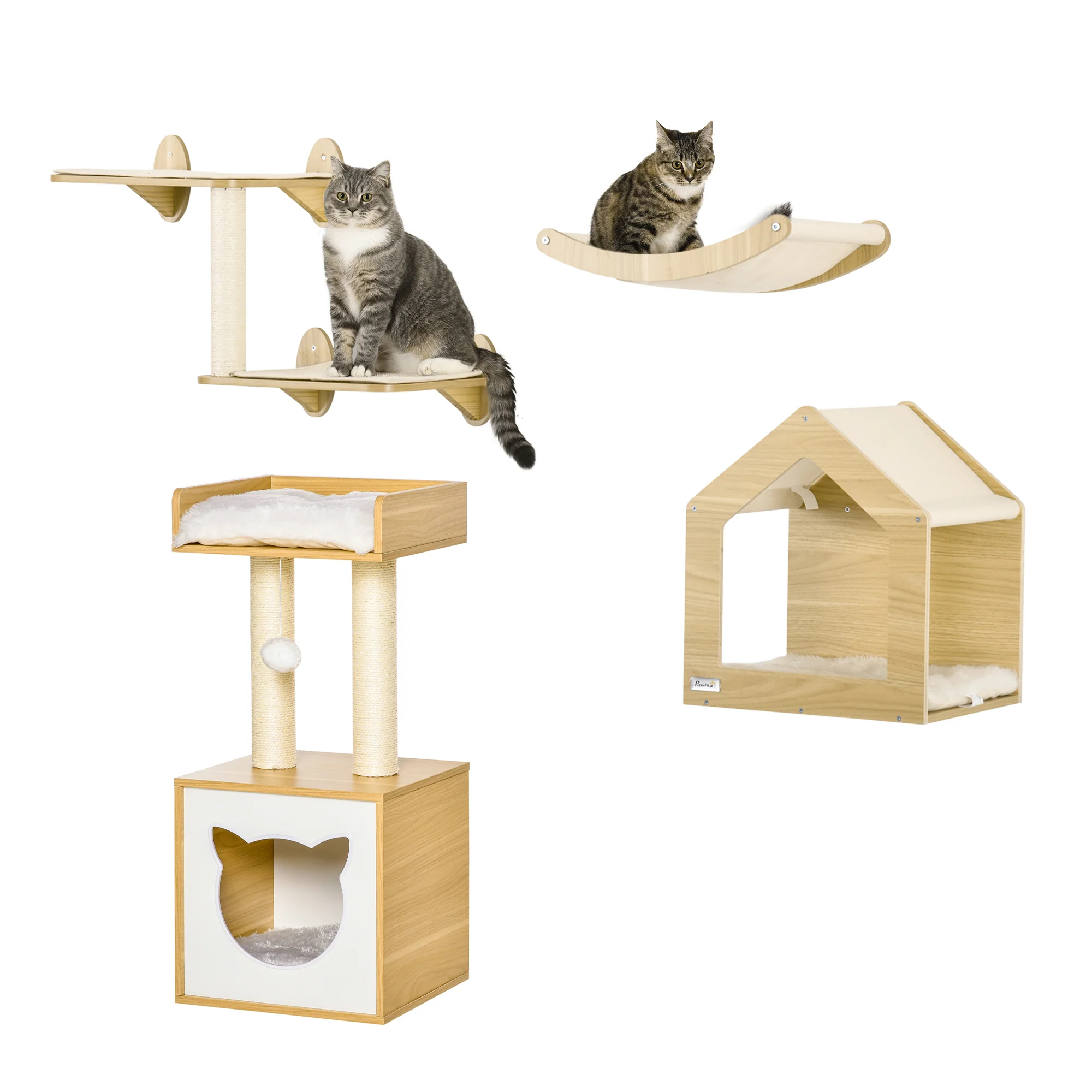 Pawhut Conjunto De Casa Para Gatos Y Estantes Para Gatos 35x35x81 Cm Roble