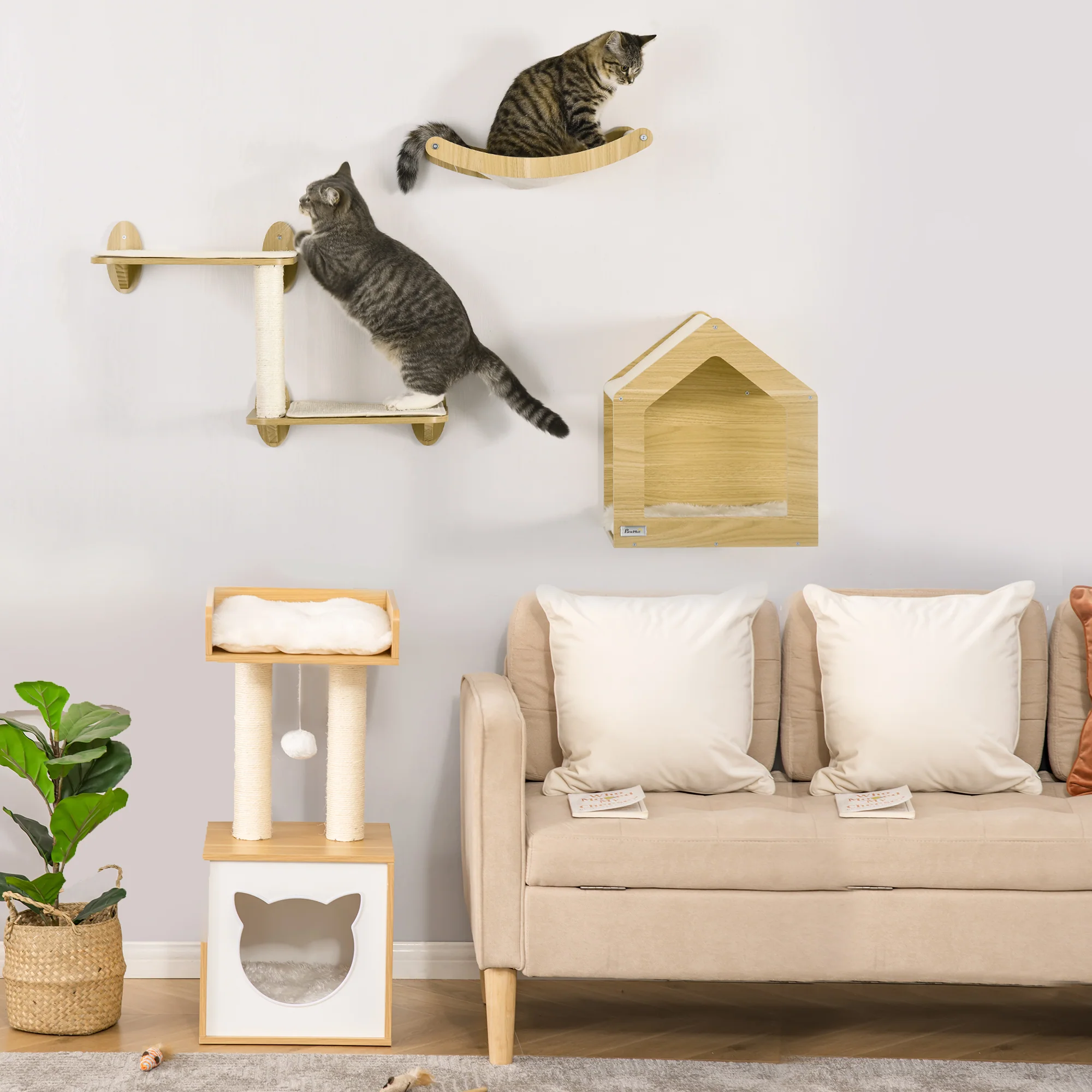 Pawhut Conjunto De Casa Para Gatos Y Estantes Para Gatos 35x35x81 Cm Roble - Image 2