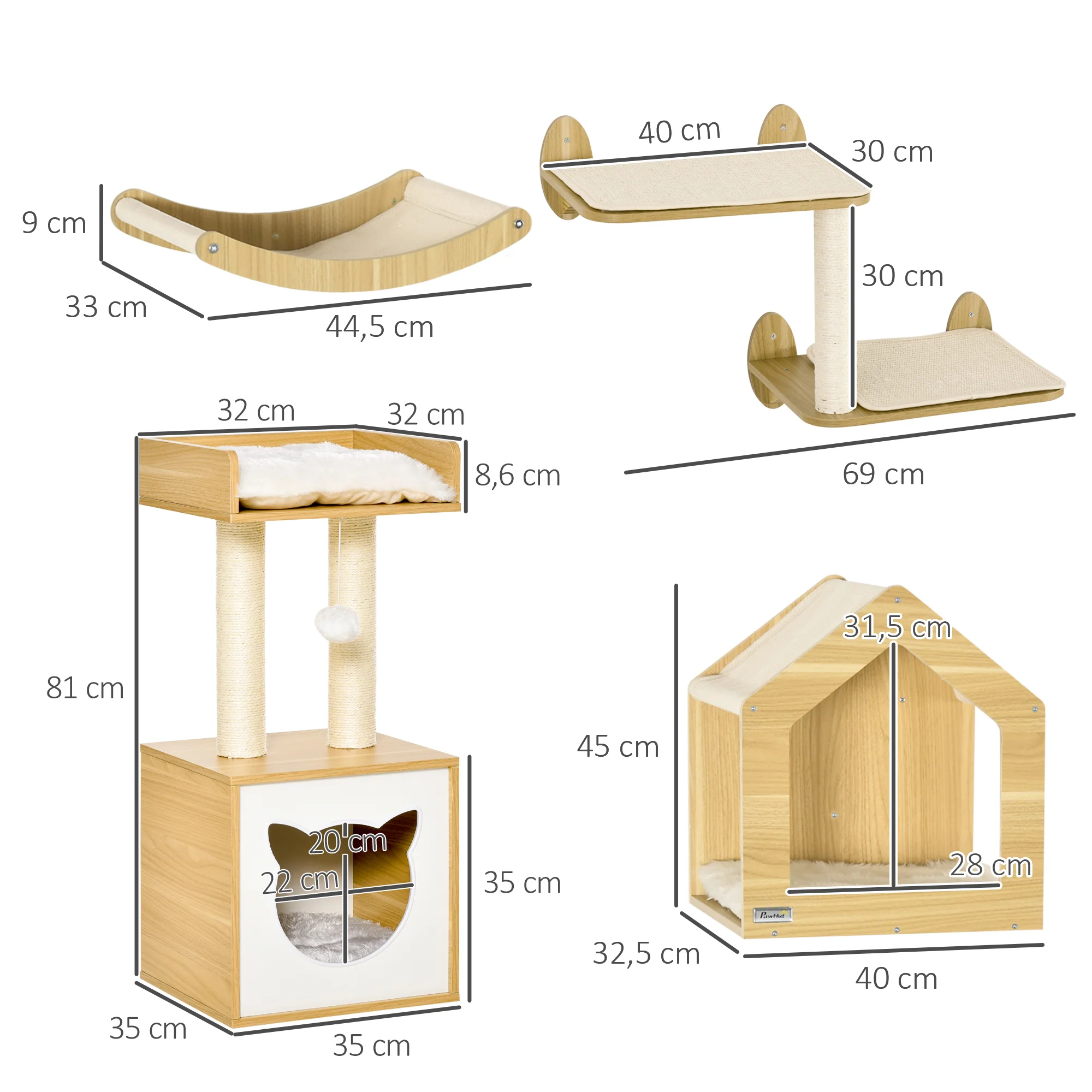 Pawhut Conjunto De Casa Para Gatos Y Estantes Para Gatos 35x35x81 Cm Roble - Image 3