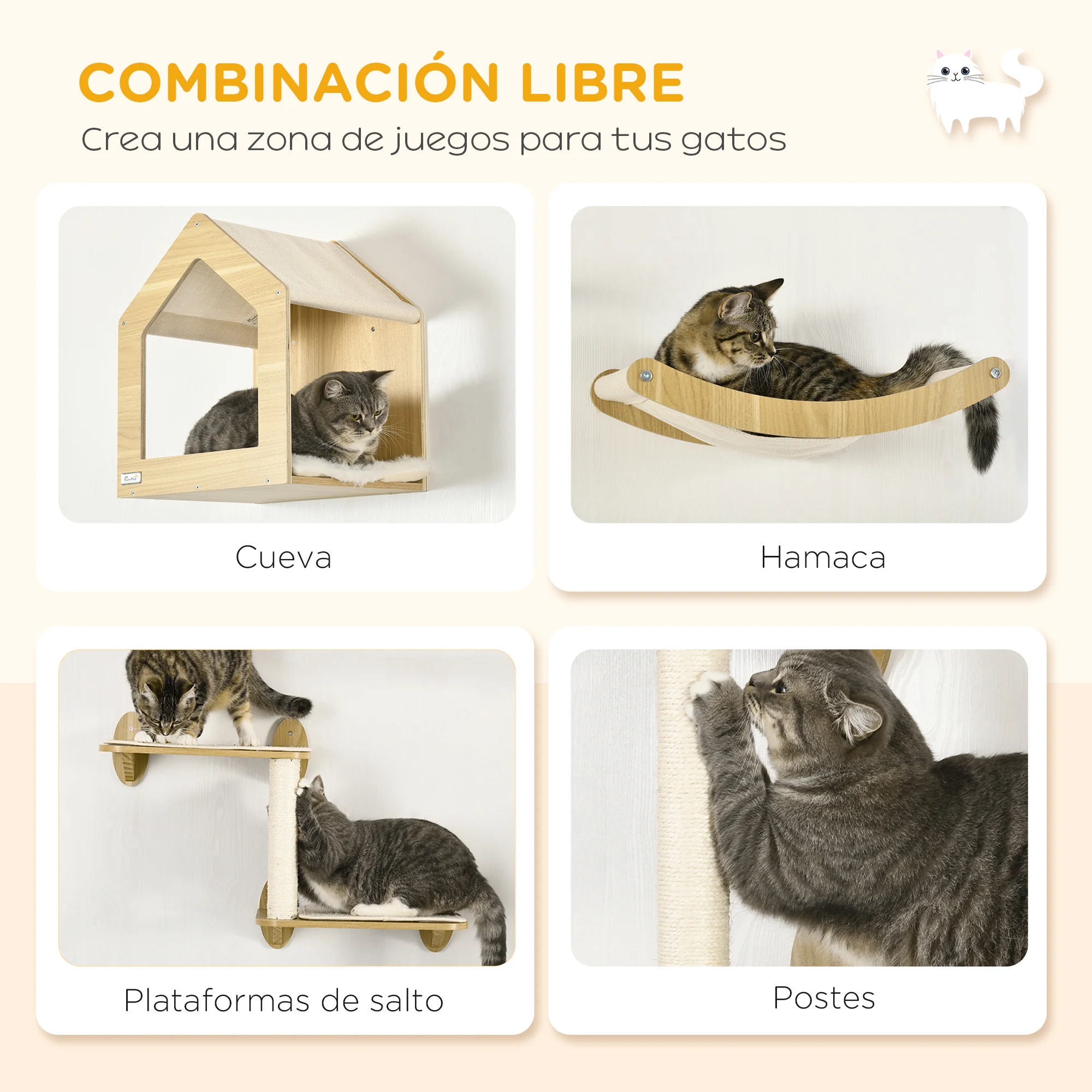 Pawhut Conjunto De Casa Para Gatos Y Estantes Para Gatos 35x35x81 Cm Roble - Image 6