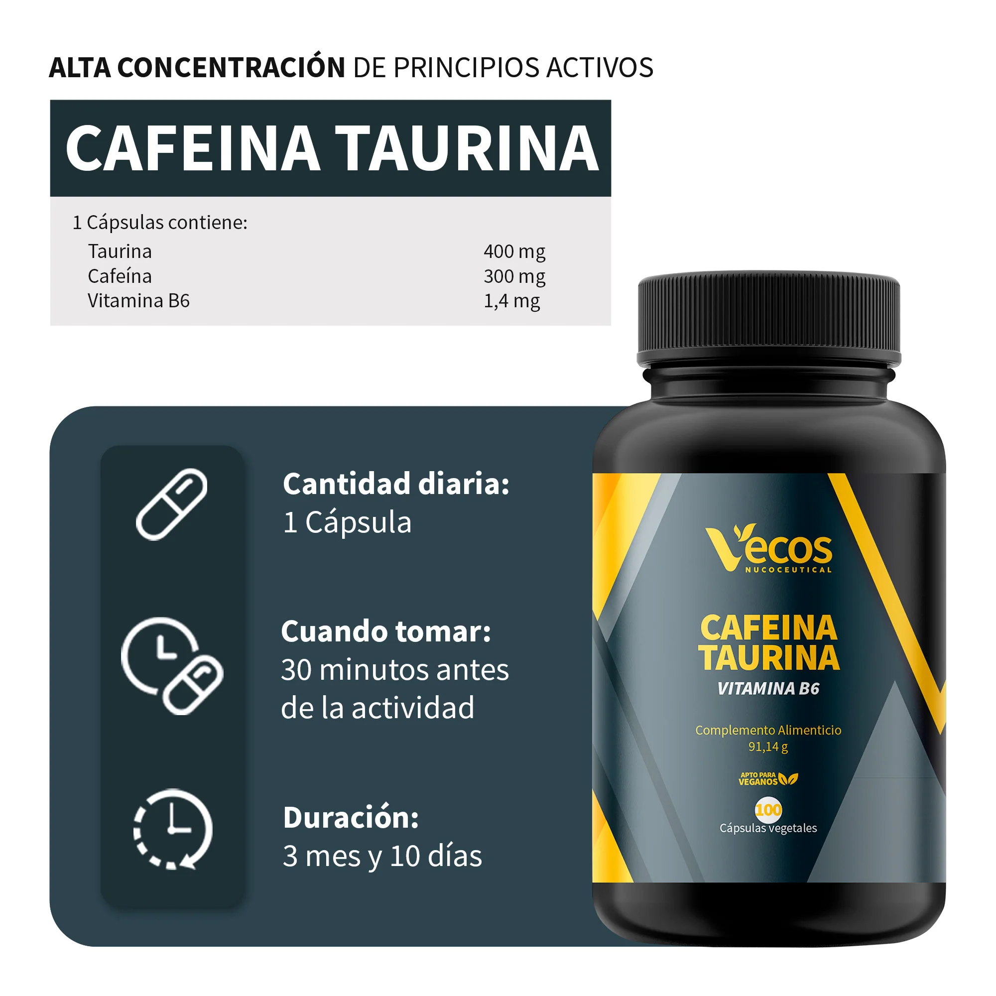 Pre-workout Cafeína 300 Mg Vecos 100 Cápsulas | Energía Extrema | Taurina + B6 - Image 3