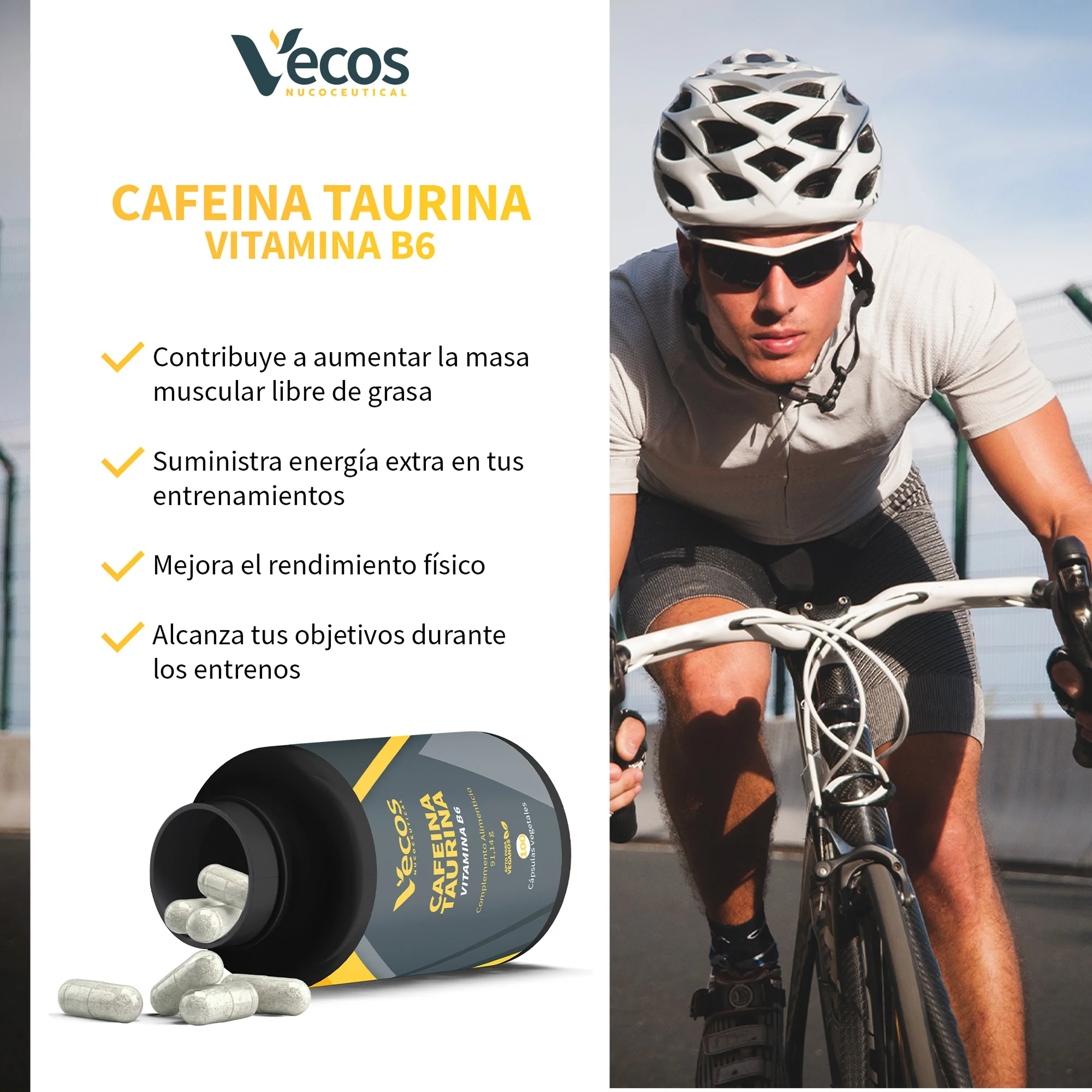 Pre-workout Cafeína 300 Mg Vecos 100 Cápsulas | Energía Extrema | Taurina + B6 - Image 4