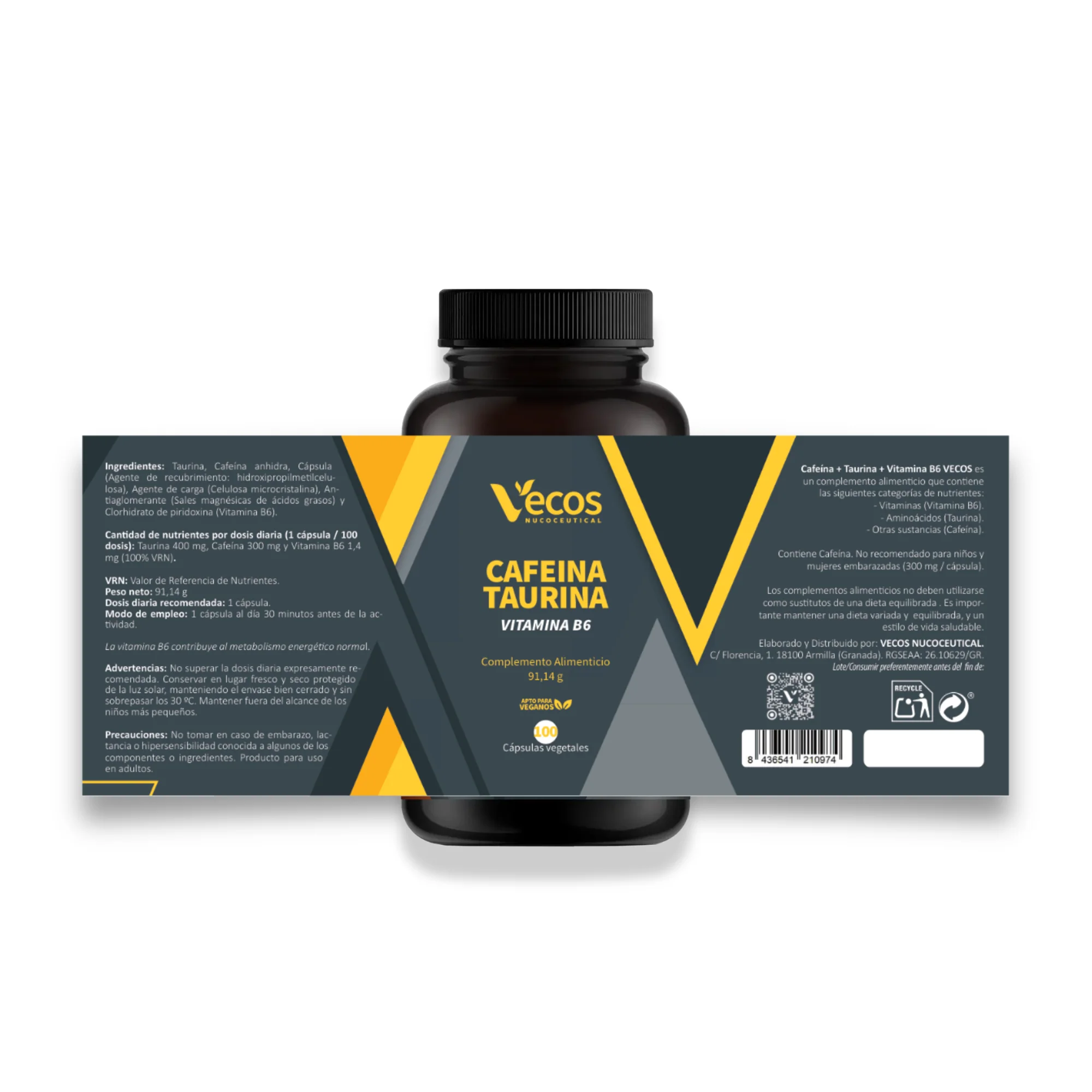 Pre-workout Cafeína 300 Mg Vecos 100 Cápsulas | Energía Extrema | Taurina + B6 - Image 5