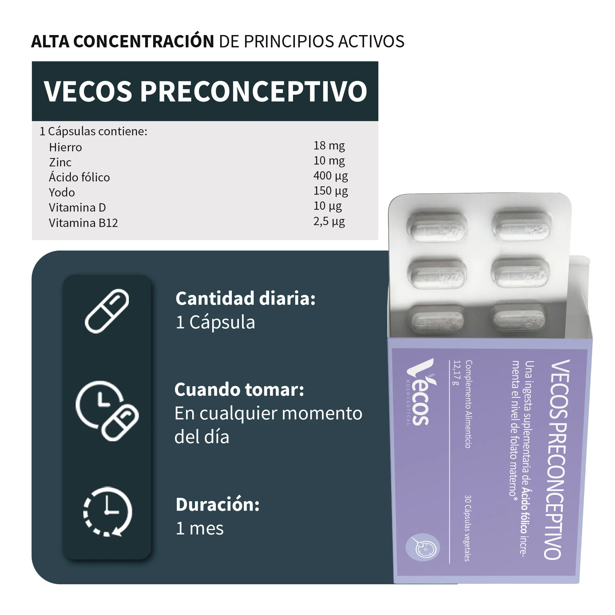 Preconceptivo Vecos 30 Cápsulas | Preparación Para El Embarazo | Ácido Fólico, Hierro Y Dha - Image 3