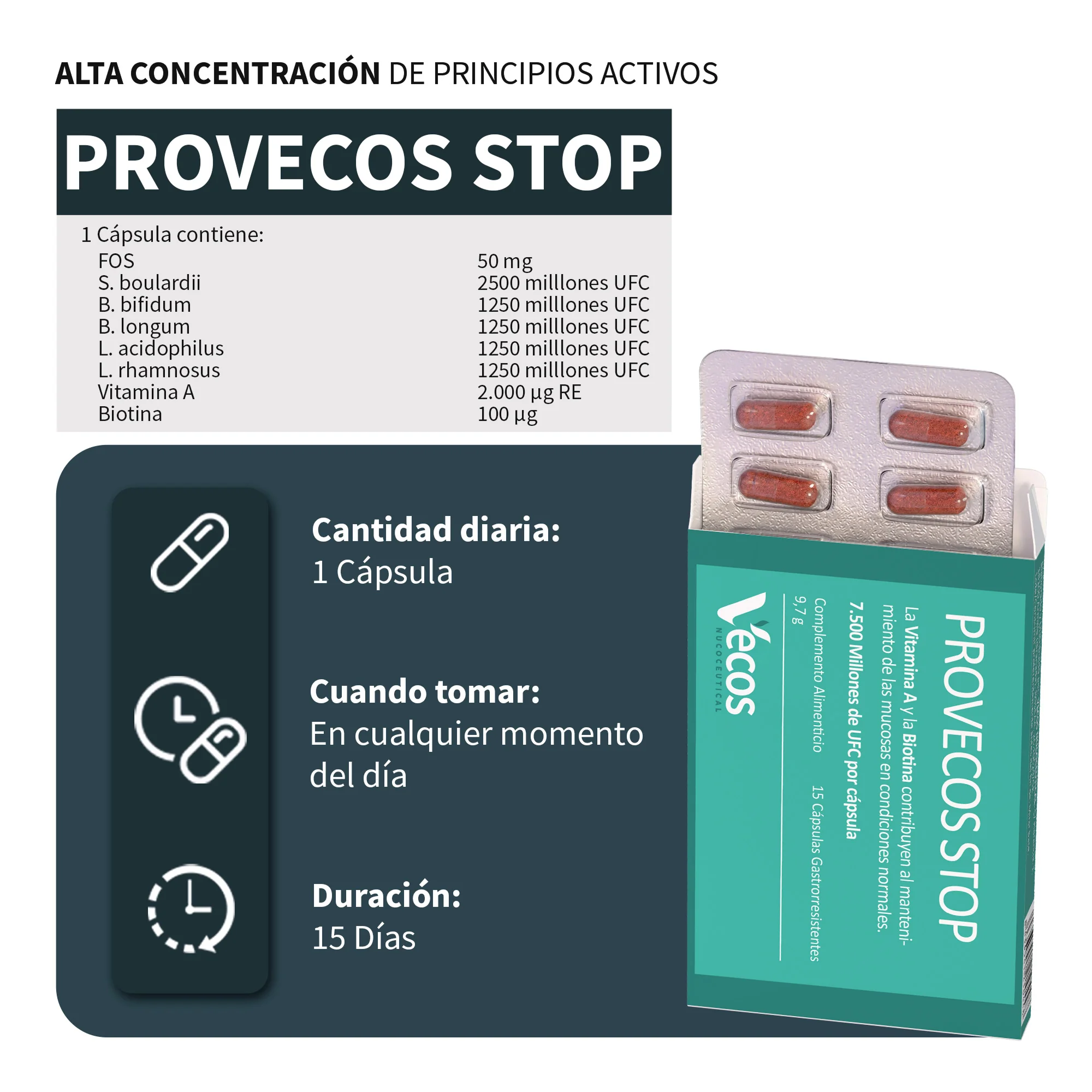 Provecos Stop Vecos 15 Cápsulas | Flora Vaginal Y Bienestar Íntimo | 25.000 Millones Ufc + Fos - Image 3