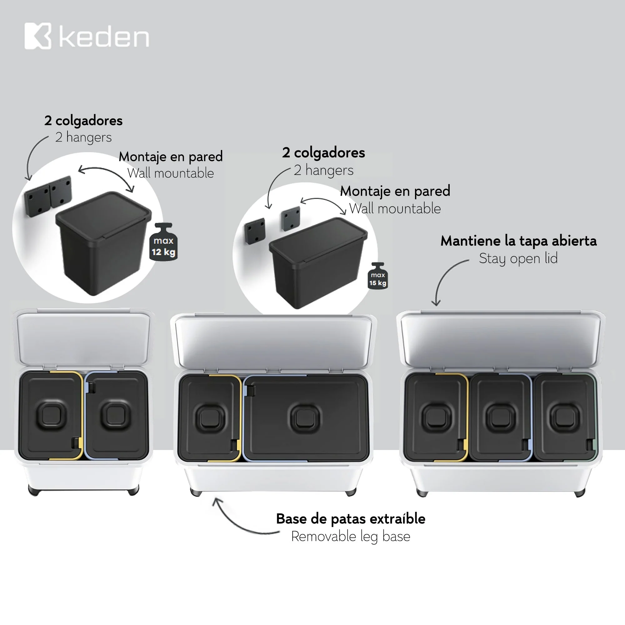 Sistema Clasificador De Reciclaje 2x10l Color Gris Keden - Image 3