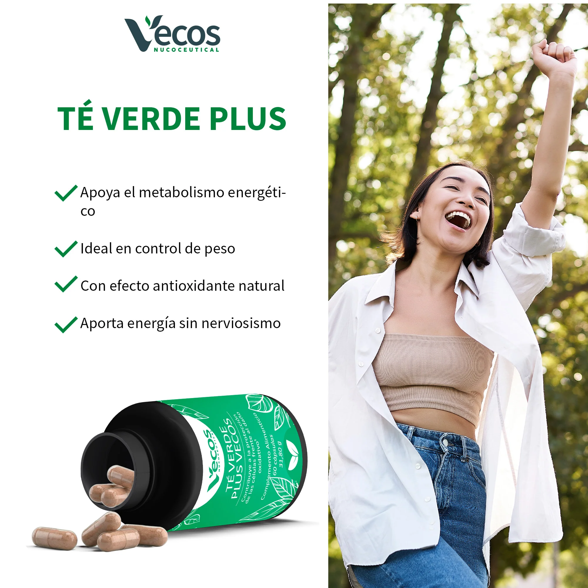 Té Verde Plus Vecos 60 Cápsulas | Control De Peso Y Metabolismo | Con Egcg Y Vitamina C - Image 4
