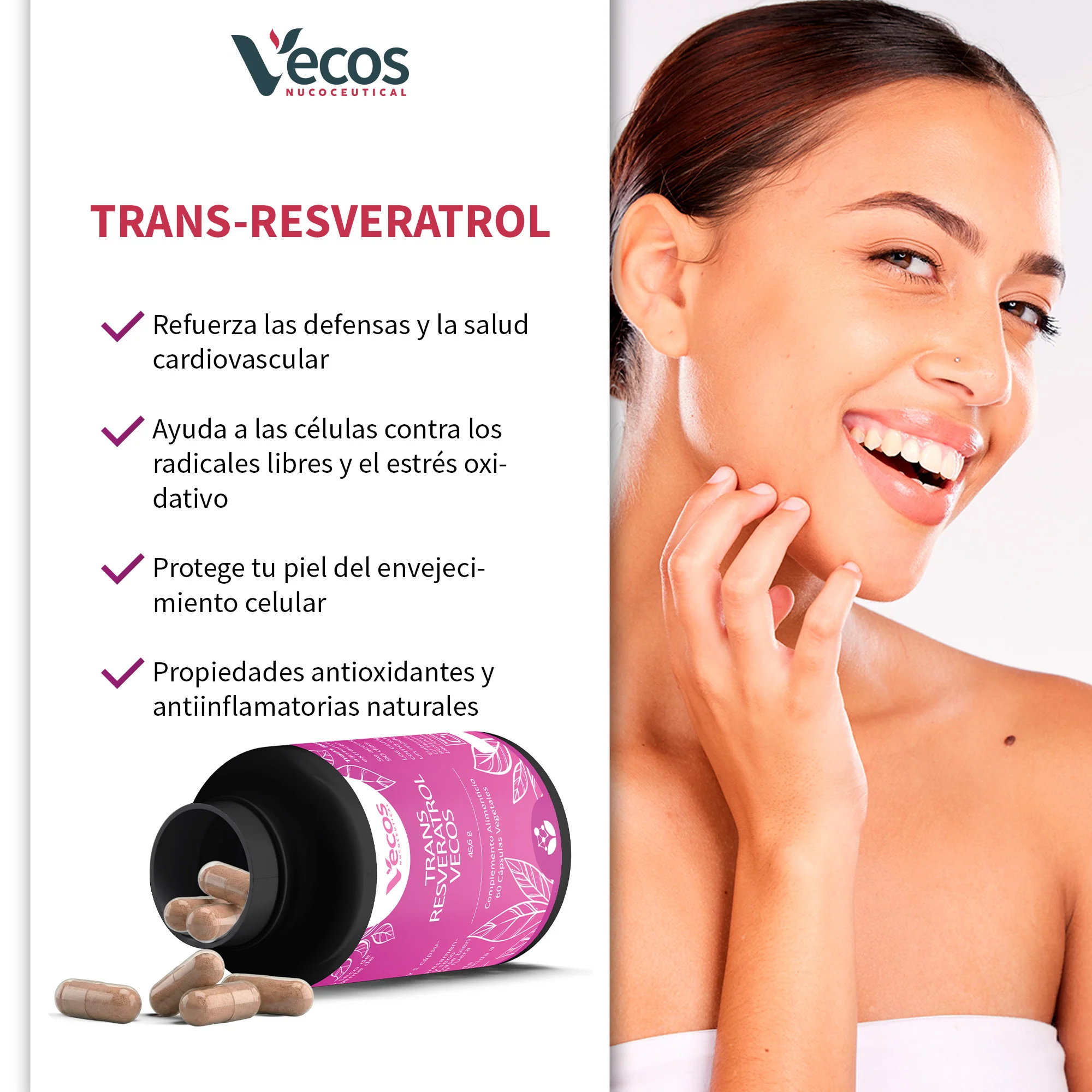 Trans-resveratrol Vecos 1300 Mg 60 Cápsulas | Antioxidante Y Envejecimiento Celular | Polygonum Cuspidatum - Image 4