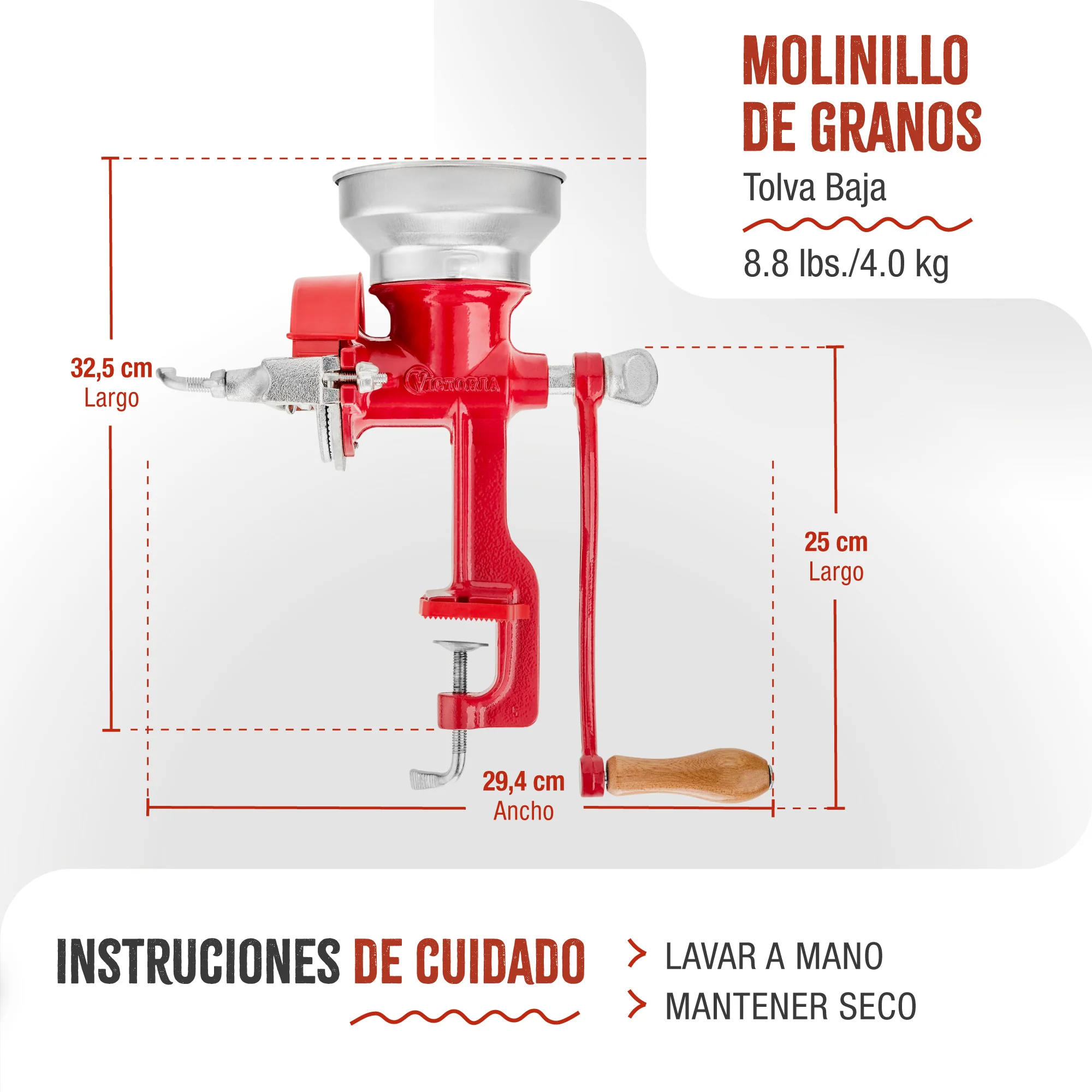 Victoria Molino Cereales Manual Hierro Fundido Para Moler Café, Maíz, Semillas, Grosor Ajustable, 30032, Rojo - Image 5