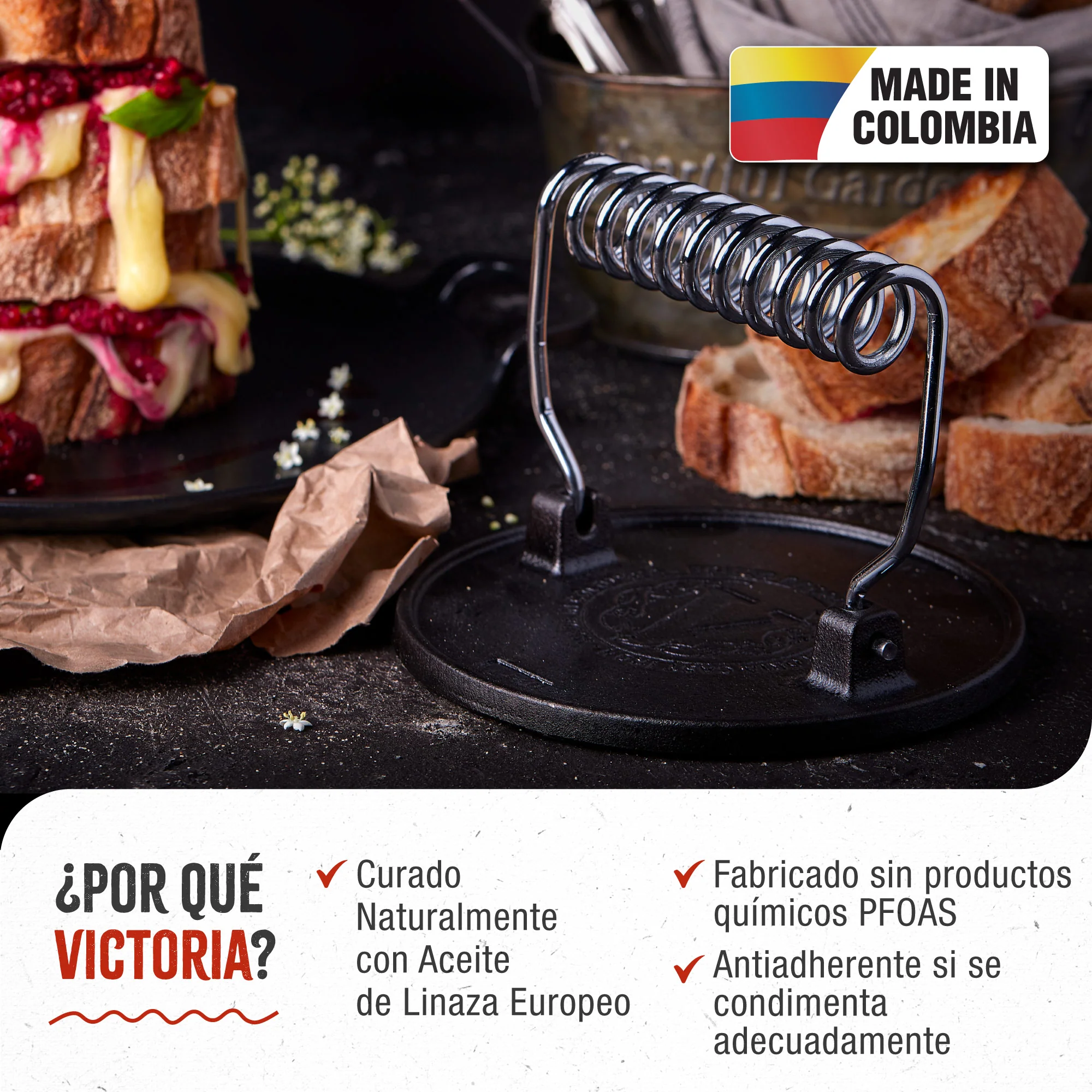Victoria Prensa Hamburguesas Smash Burger Hierro Fundido Curado 16,5cm Aplastador Carne Para Barbacoa, 34641, Negro - Image 2