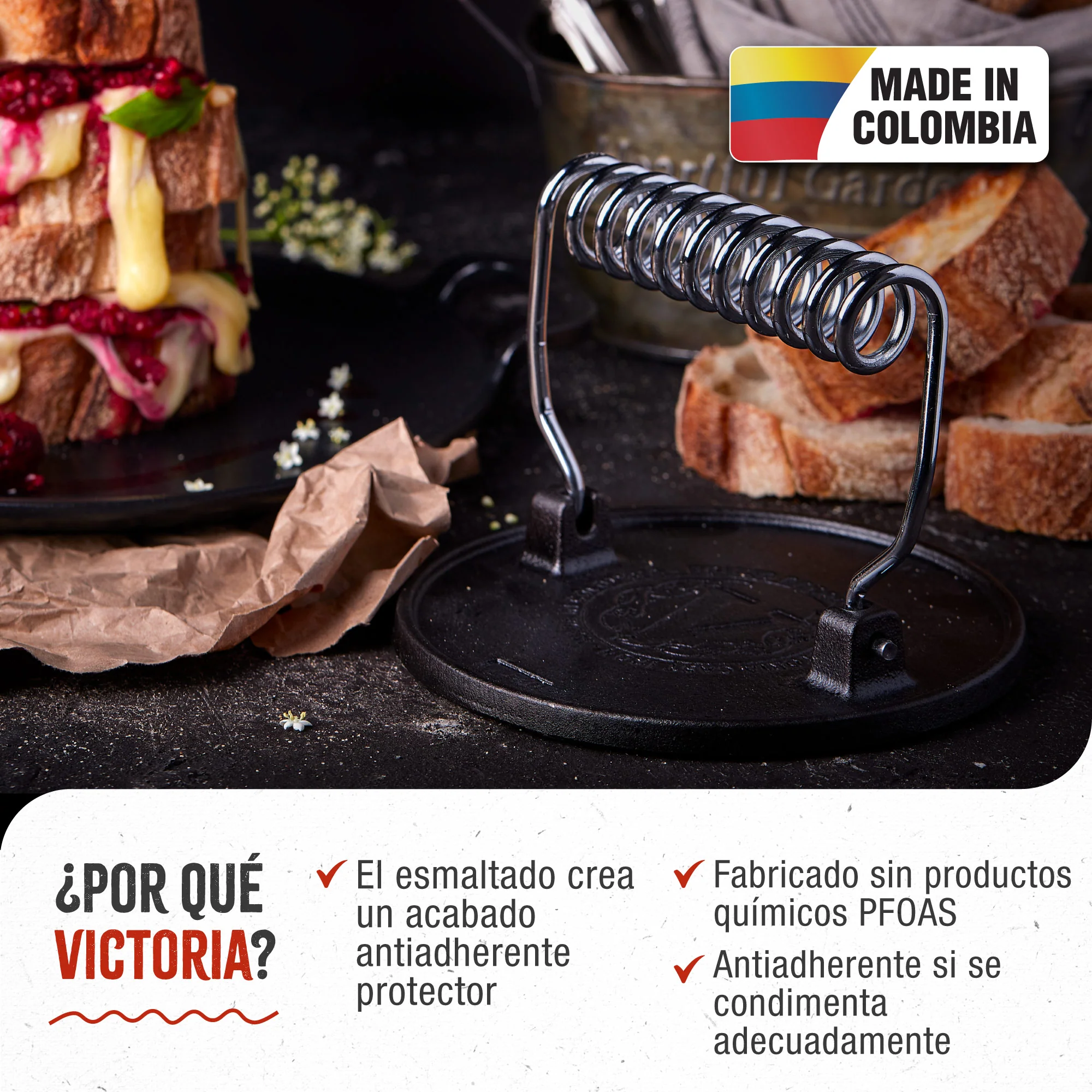 Victoria Prensa Hamburguesas Smash Burger Hierro Fundido Esmaltado 16,5cm Aplastador Carne Para Barbacoa, 36843, Negro - Image 2