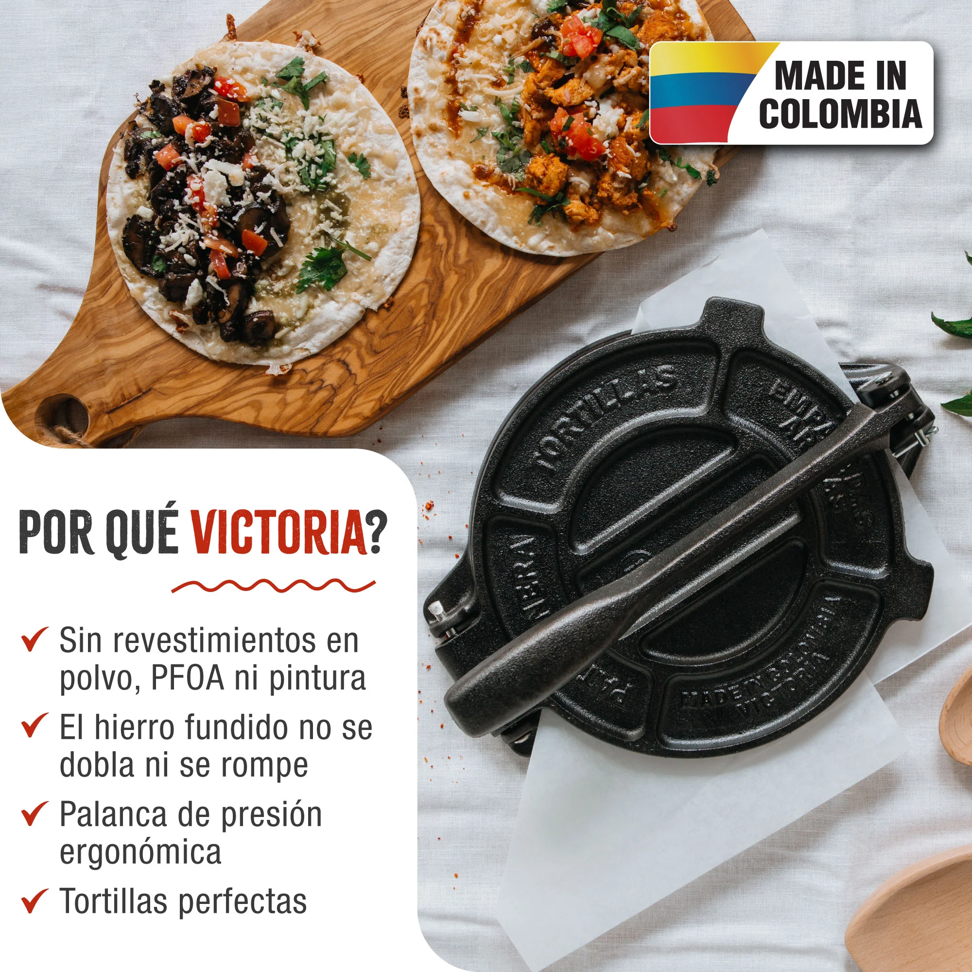 Victoria Prensa Tortillera Para Tortillas Mexicanas Hierro Fundido Curado 16,5cm, Pataconera Colombiana, 30551, Negro - Image 2
