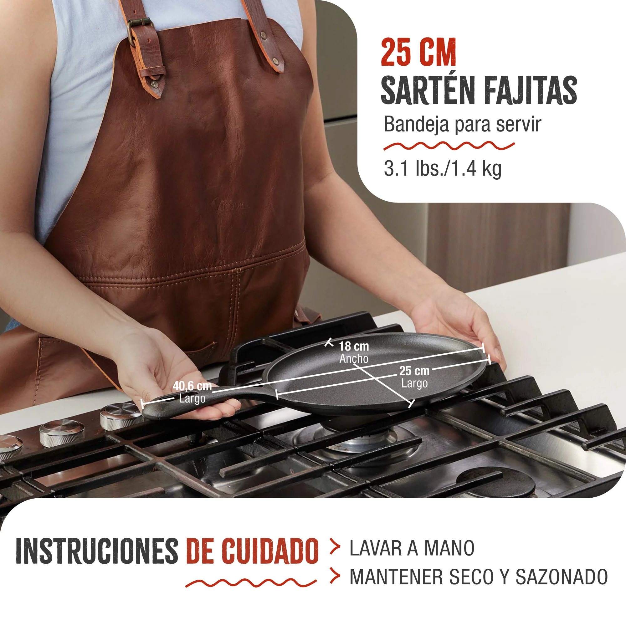 Victoria Sartén Fajitas Hierro Fundido Curado Inducción 25cm, Apta Fuego, Barbacoa, Cast Iron Skillet, 37345, Negro - Image 5