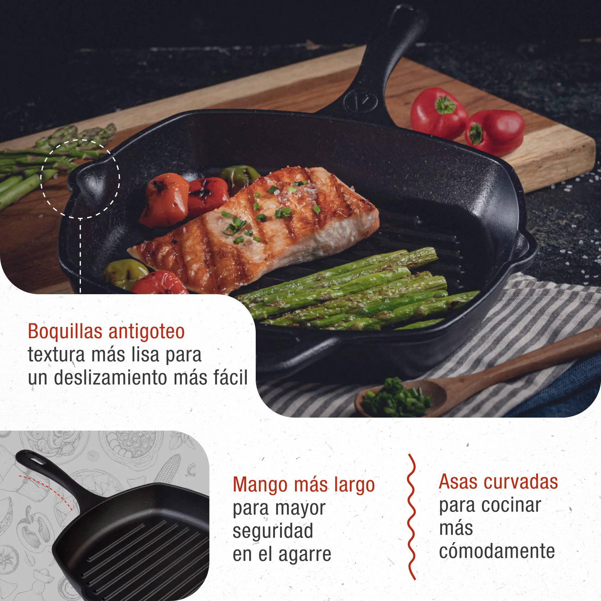 Victoria Sartén Grill Hierro Fundido Curado Inducción 25x25cm, Apta Fuego, Barbacoa, Cast Iron Skillet, 38571, Negro - Image 3