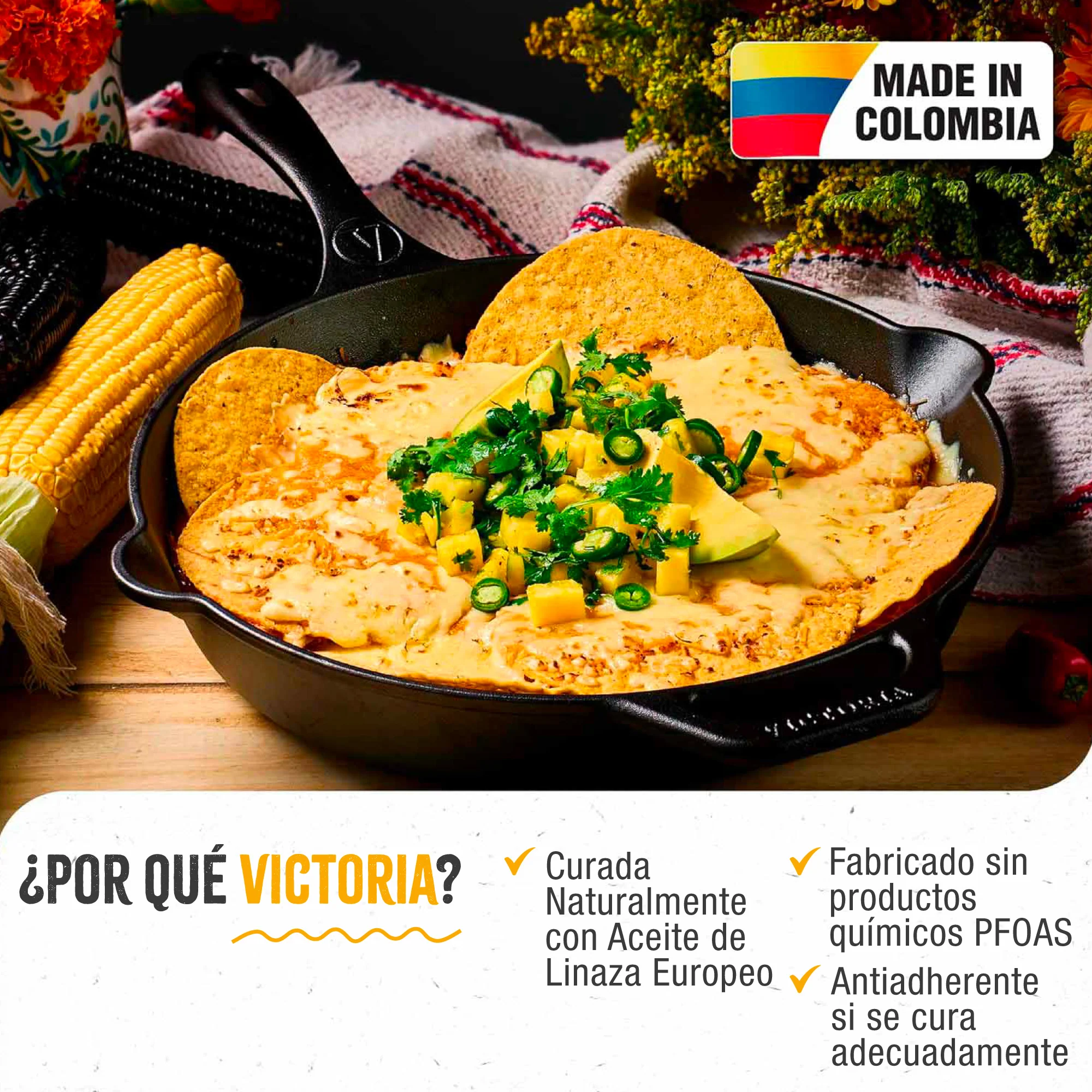 Victoria Sartén Hierro Fundido Curado Diseño Calaca Inducción 30cm Apta Fuego, Horno Cast Iron Skillet, Calaca, Negro - Image 2