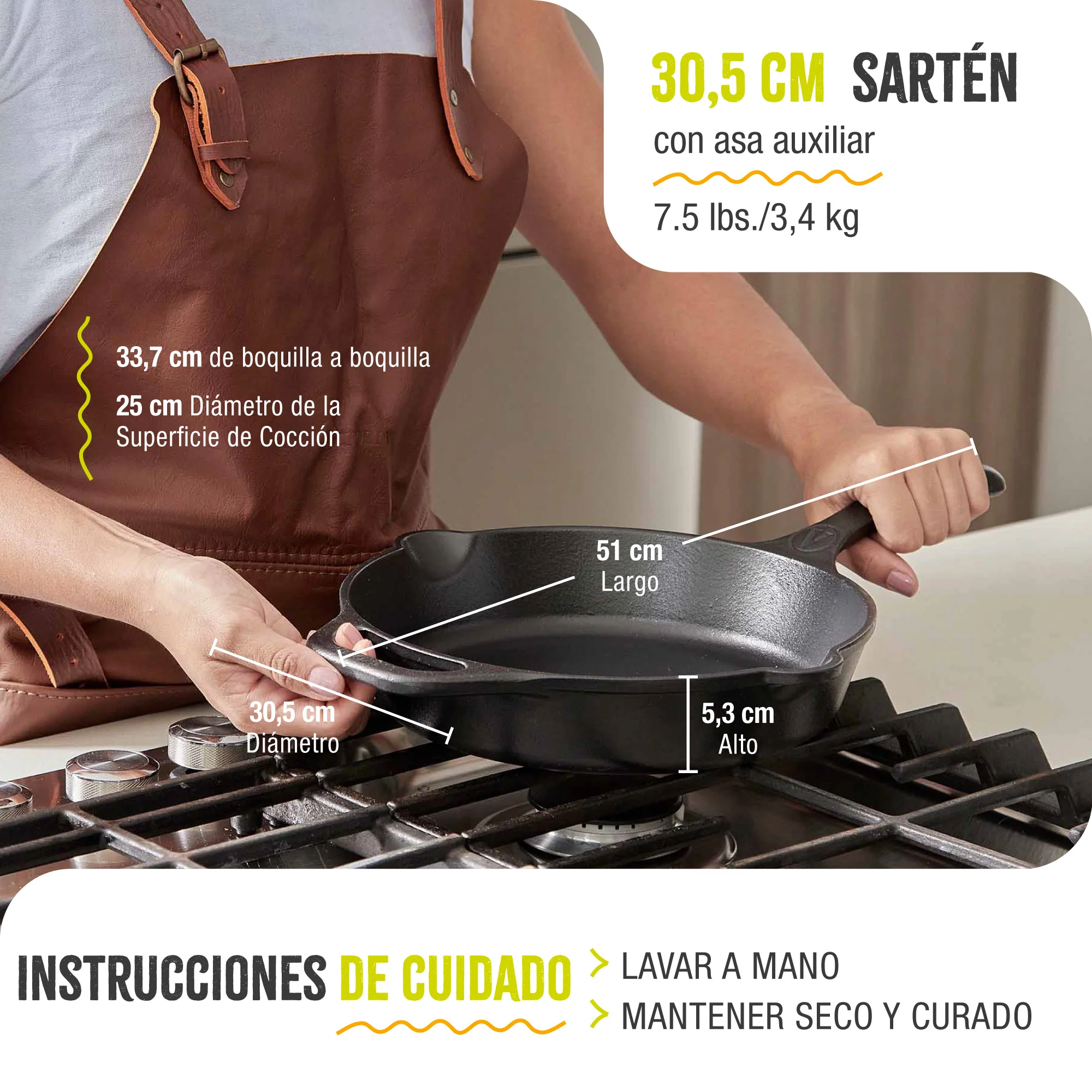 Victoria Sartén Hierro Fundido Curado Diseño Calaca Inducción 30cm Apta Fuego, Horno Cast Iron Skillet, Calaca, Negro - Image 6