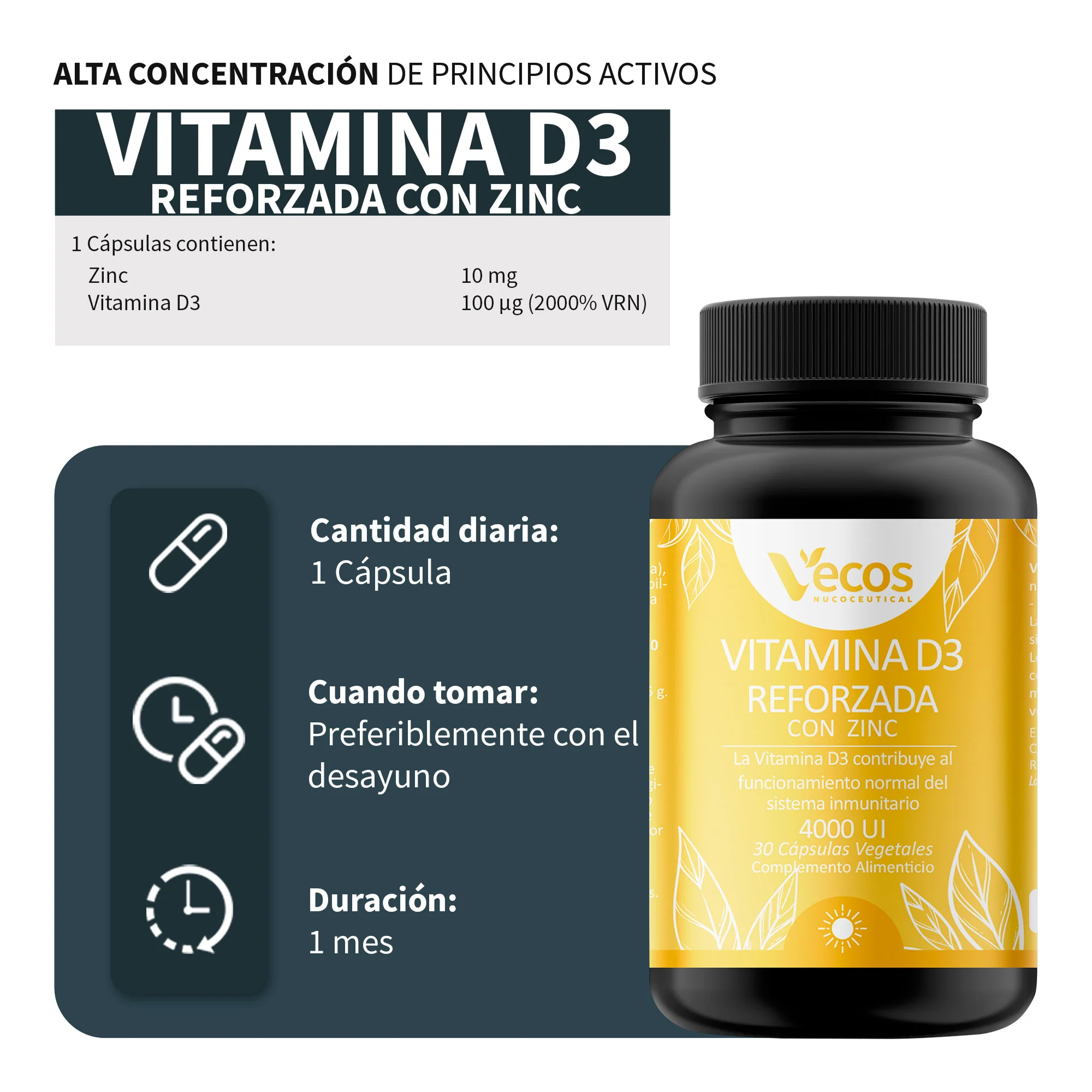 Vitamina D3 100 Μg + Zinc Vecos 30 Cápsulas | Sistema Inmunitario Y Huesos - Image 3