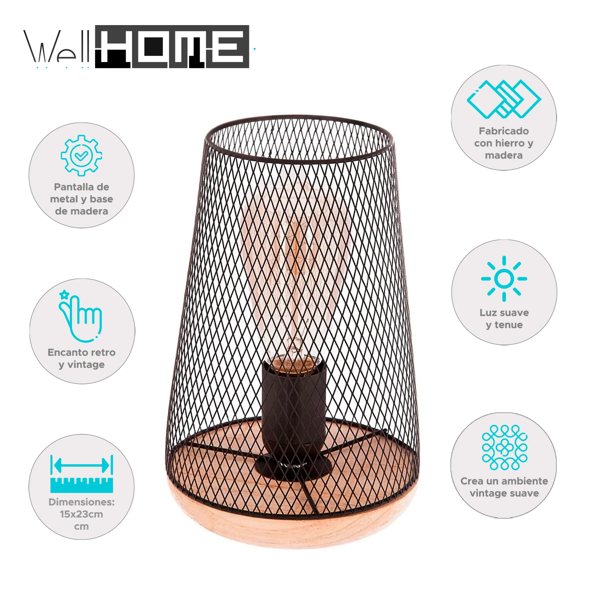 Wellhome Lámpara Metal Madera Negra H.23cm - Image 2