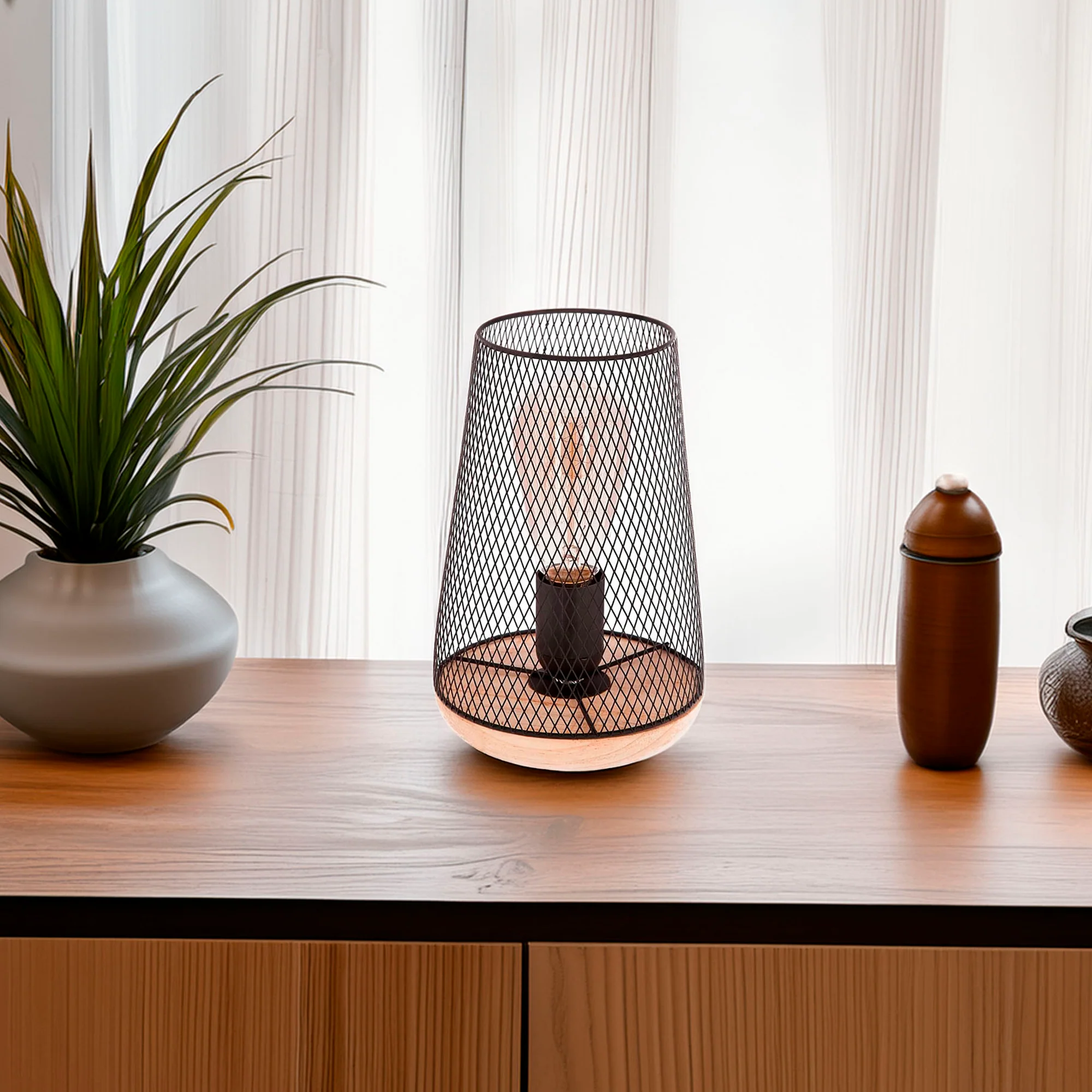Wellhome Lámpara Metal Madera Negra H.23cm - Image 3